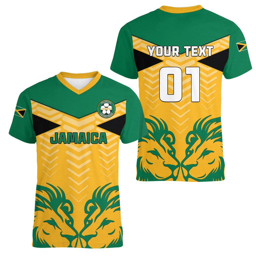 Personalised Jamaica Football Women V Neck T Shirt Reggae Girlz Lion Sporty Style - Wonder Print Shop