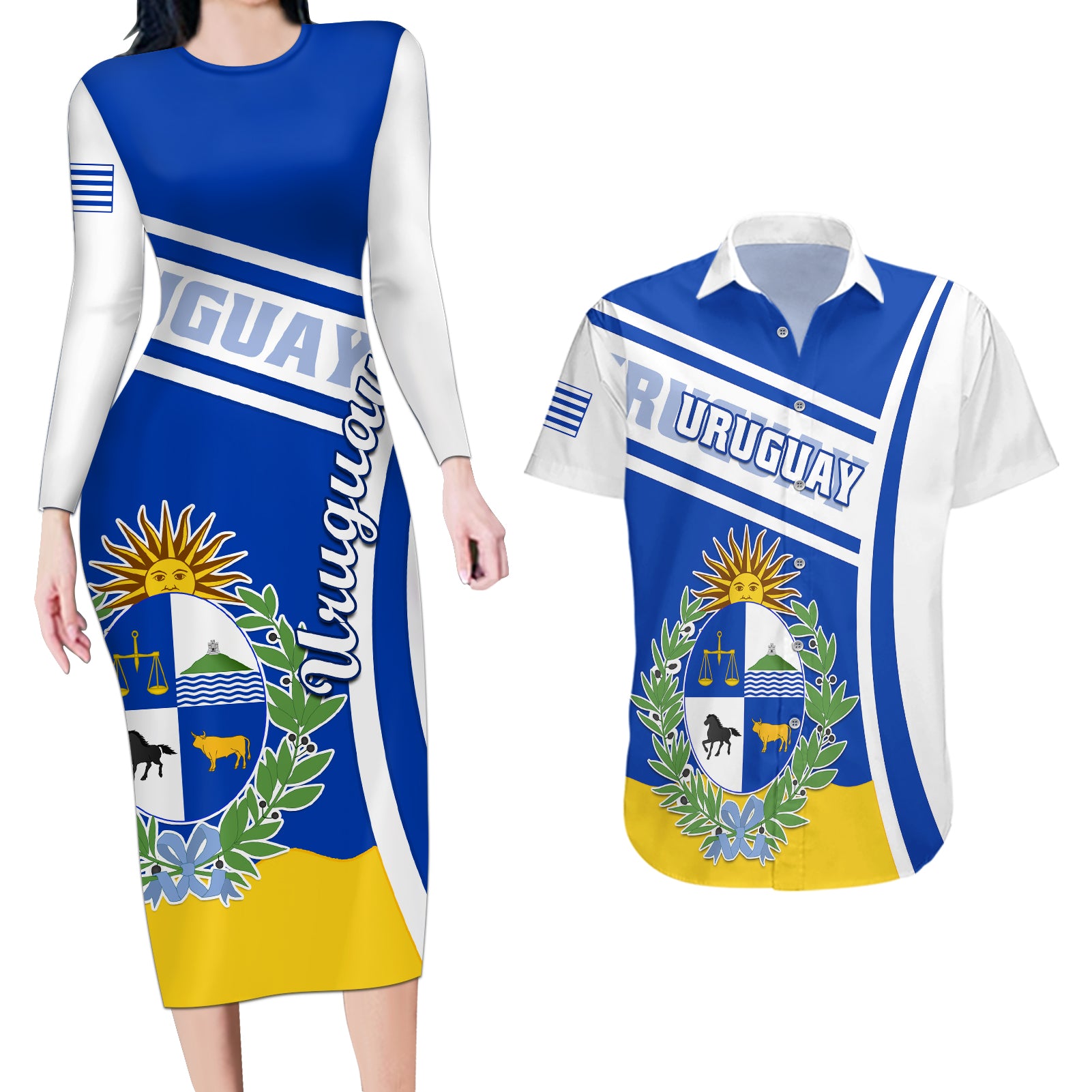 uruguay-couples-matching-long-sleeve-bodycon-dress-and-hawaiian-shirt-uruguayan-coat-of-arms