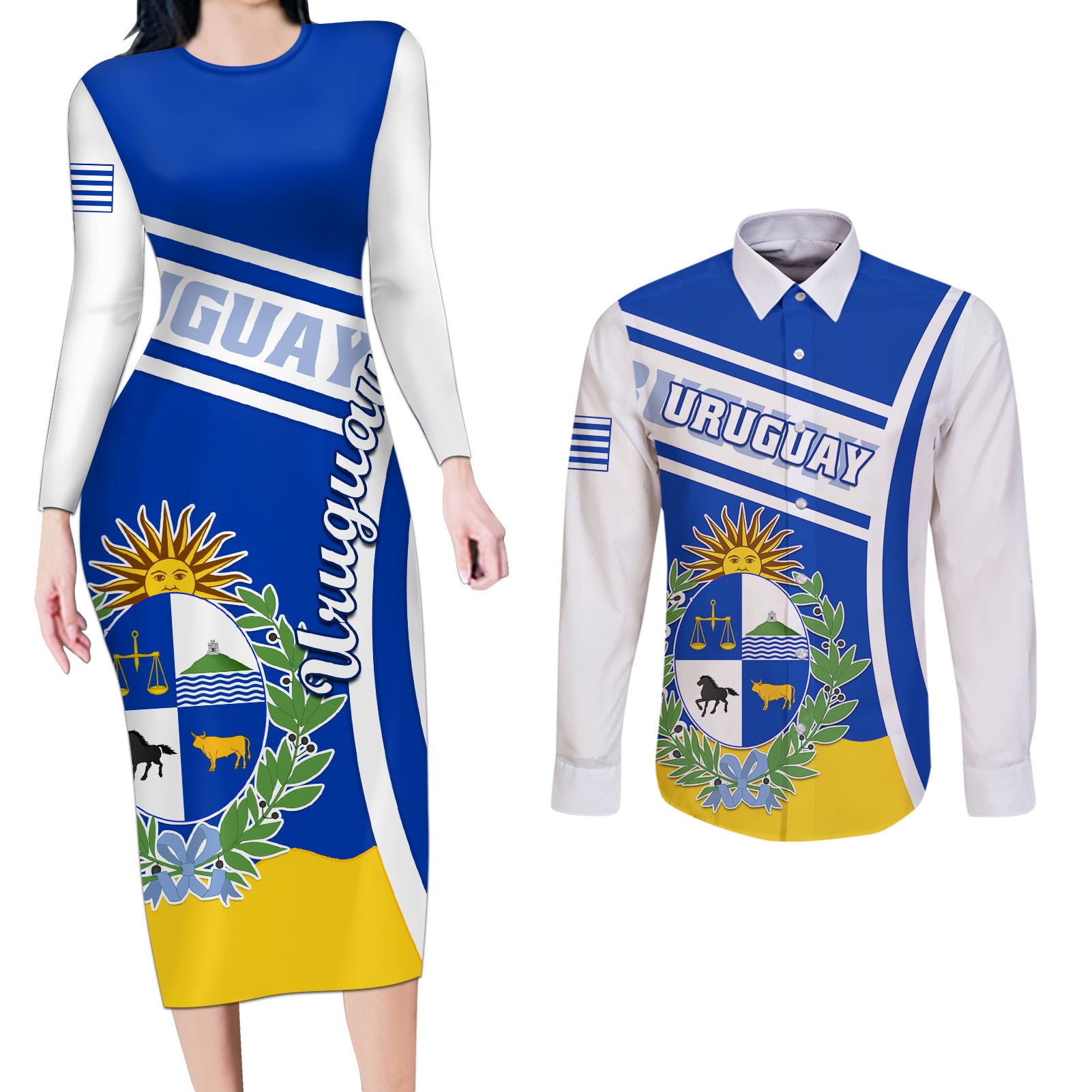 uruguay-couples-matching-long-sleeve-bodycon-dress-and-long-sleeve-button-shirts-uruguayan-coat-of-arms
