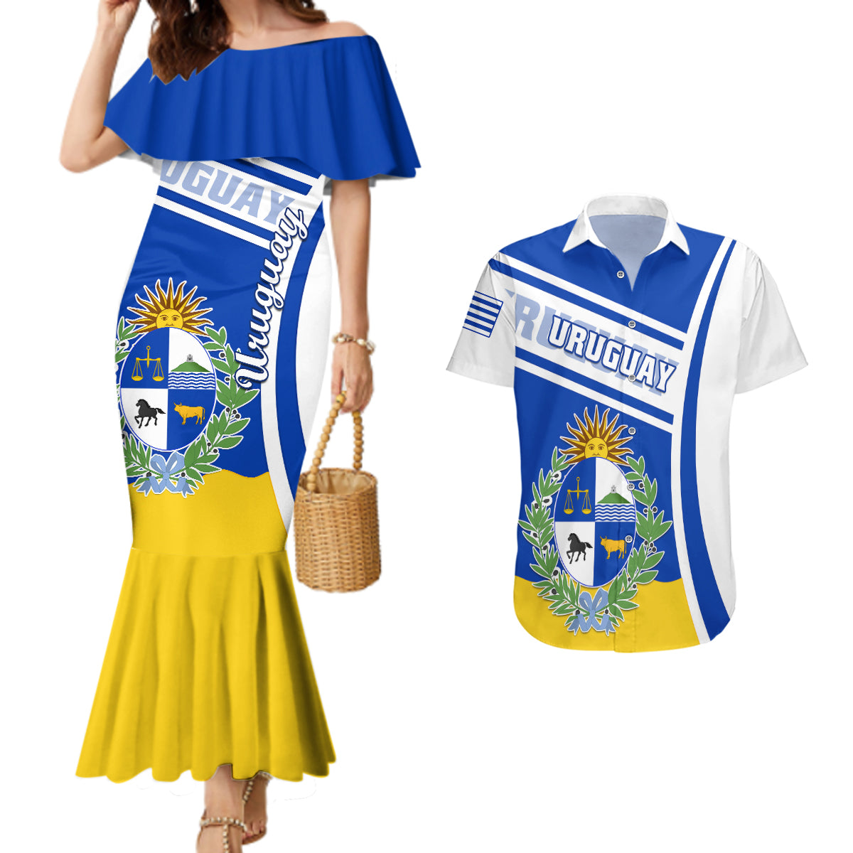 uruguay-couples-matching-mermaid-dress-and-hawaiian-shirt-uruguayan-coat-of-arms