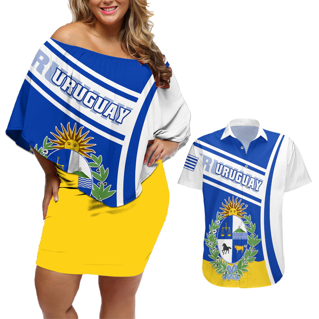 uruguay-couples-matching-off-shoulder-short-dress-and-hawaiian-shirt-uruguayan-coat-of-arms
