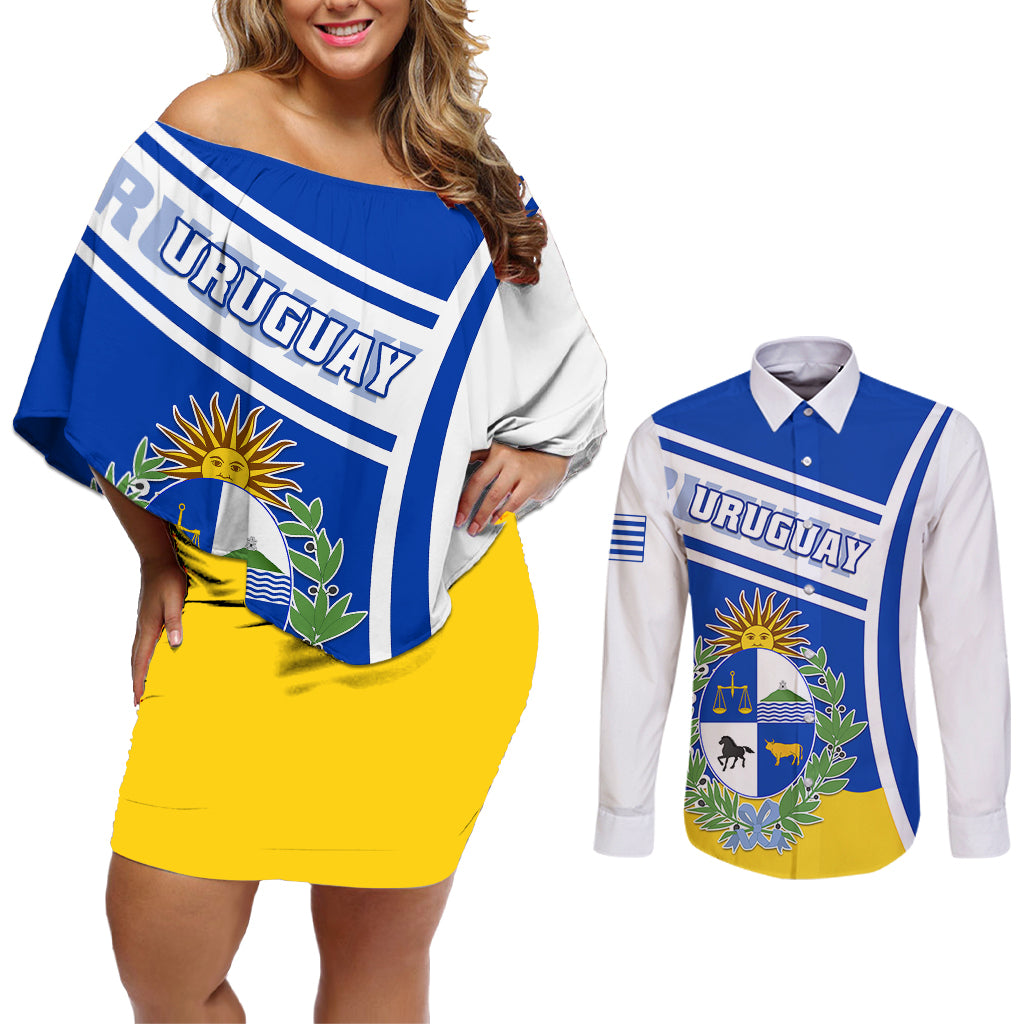 Uruguay Couples Matching Off Shoulder Short Dress and Long Sleeve Button Shirts Uruguayan Coat Of Arms - Wonder Print Shop