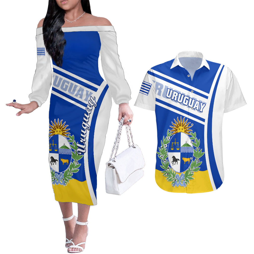 Uruguay Couples Matching Off The Shoulder Long Sleeve Dress and Hawaiian Shirt Uruguayan Coat Of Arms - Wonder Print Shop