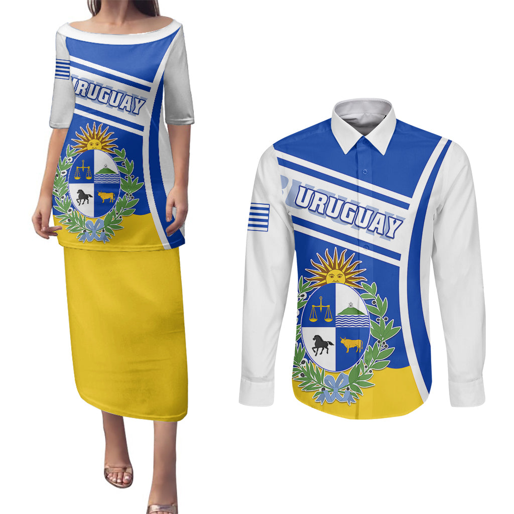 Uruguay Couples Matching Puletasi Dress and Long Sleeve Button Shirts Uruguayan Coat Of Arms - Wonder Print Shop