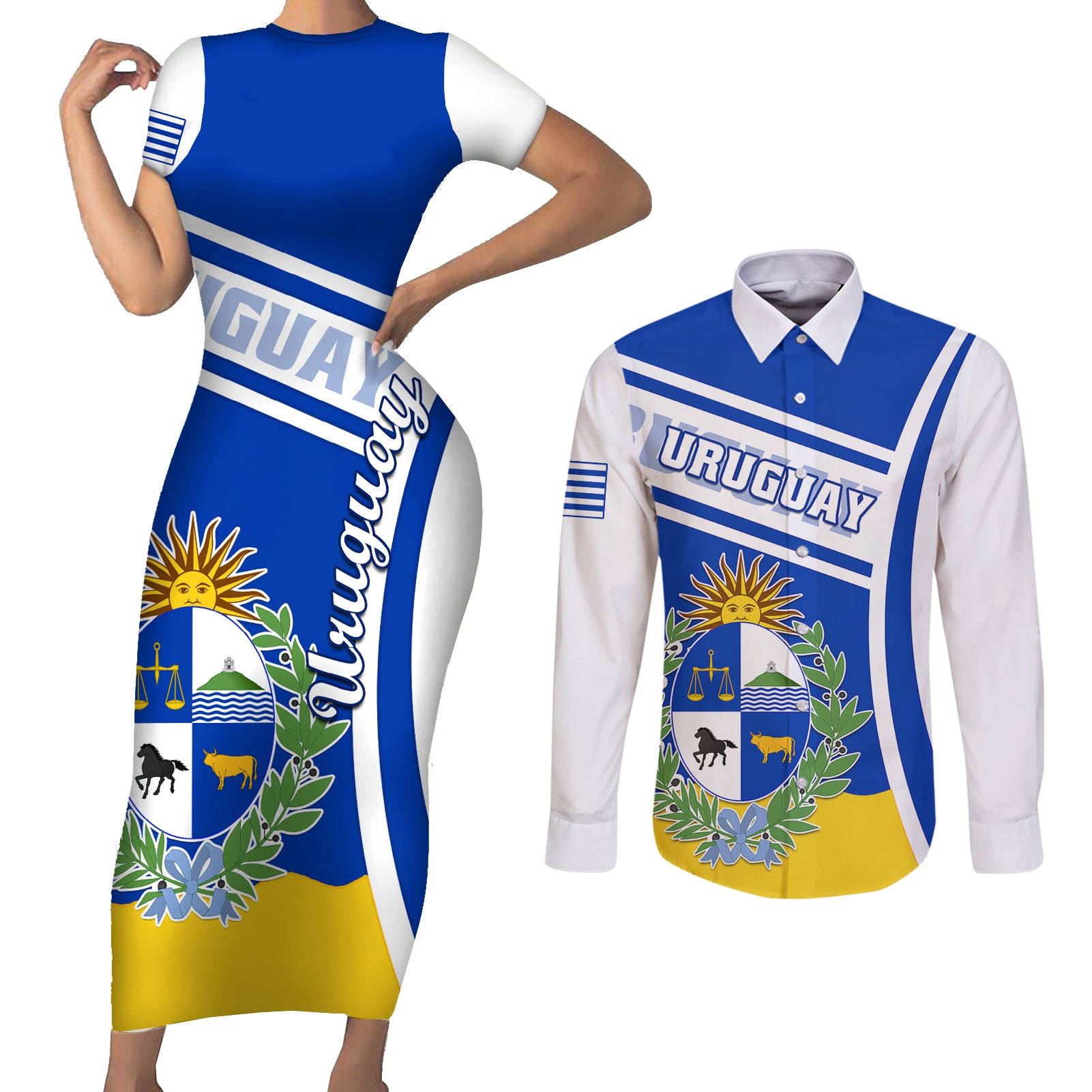 uruguay-couples-matching-short-sleeve-bodycon-dress-and-long-sleeve-button-shirts-uruguayan-coat-of-arms