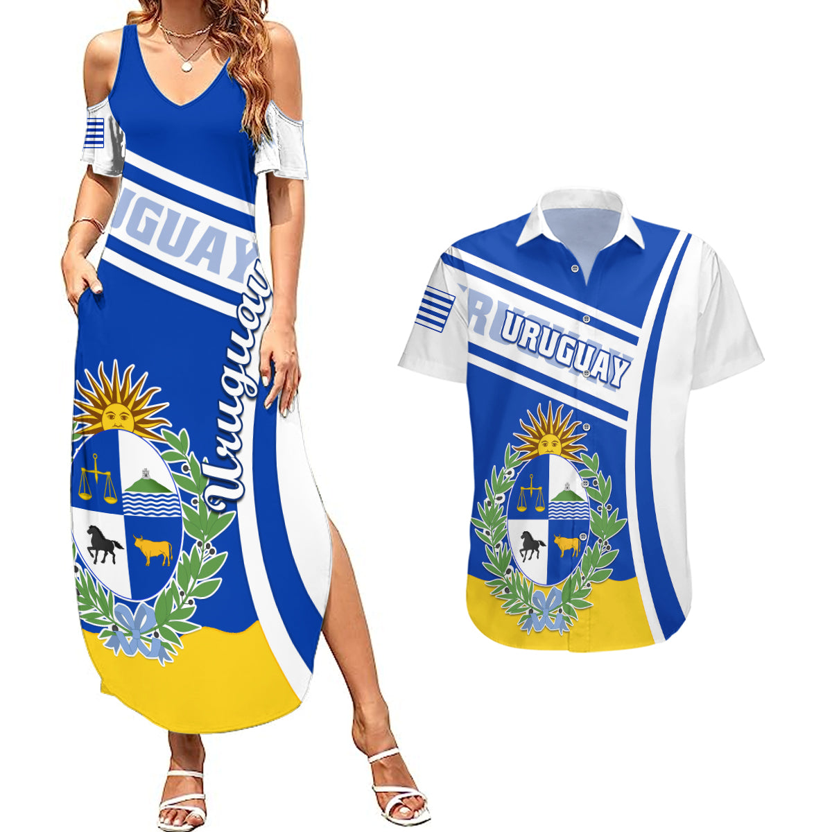 uruguay-couples-matching-summer-maxi-dress-and-hawaiian-shirt-uruguayan-coat-of-arms