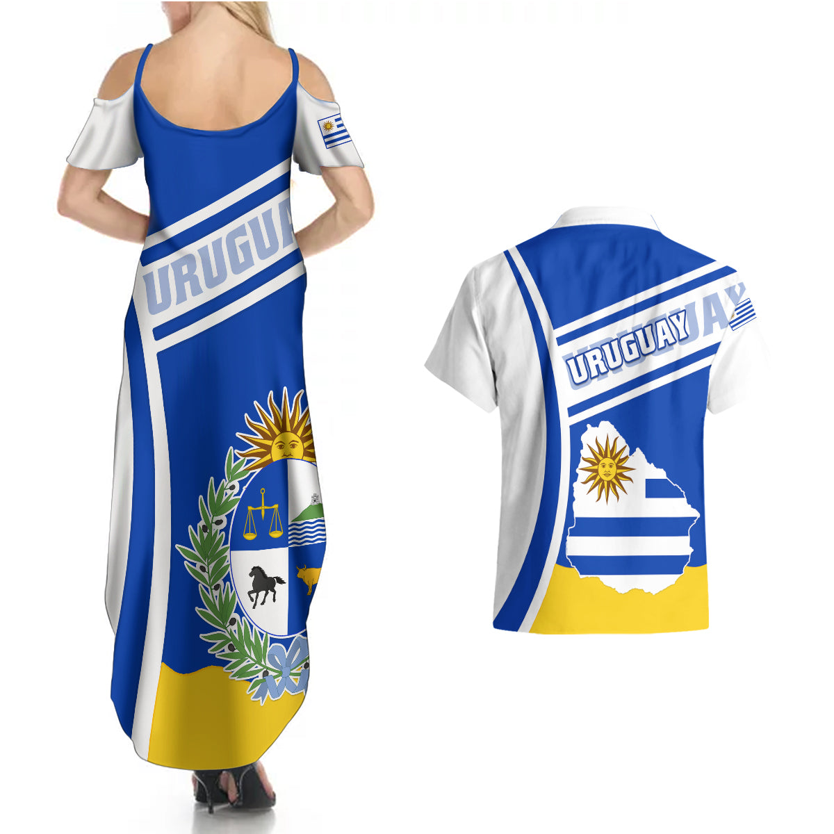 Uruguay Couples Matching Summer Maxi Dress and Hawaiian Shirt Uruguayan Coat Of Arms - Wonder Print Shop