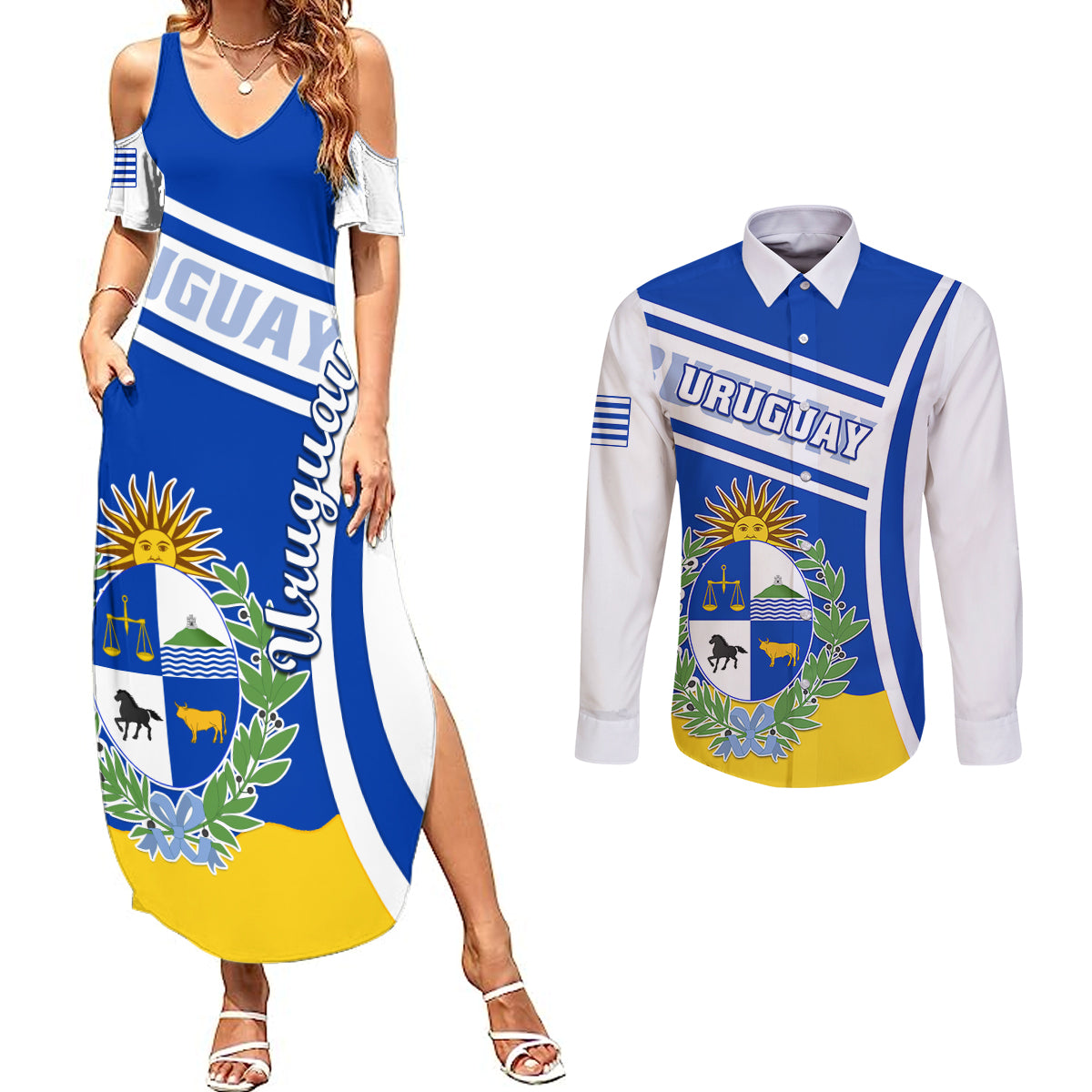 uruguay-couples-matching-summer-maxi-dress-and-long-sleeve-button-shirts-uruguayan-coat-of-arms