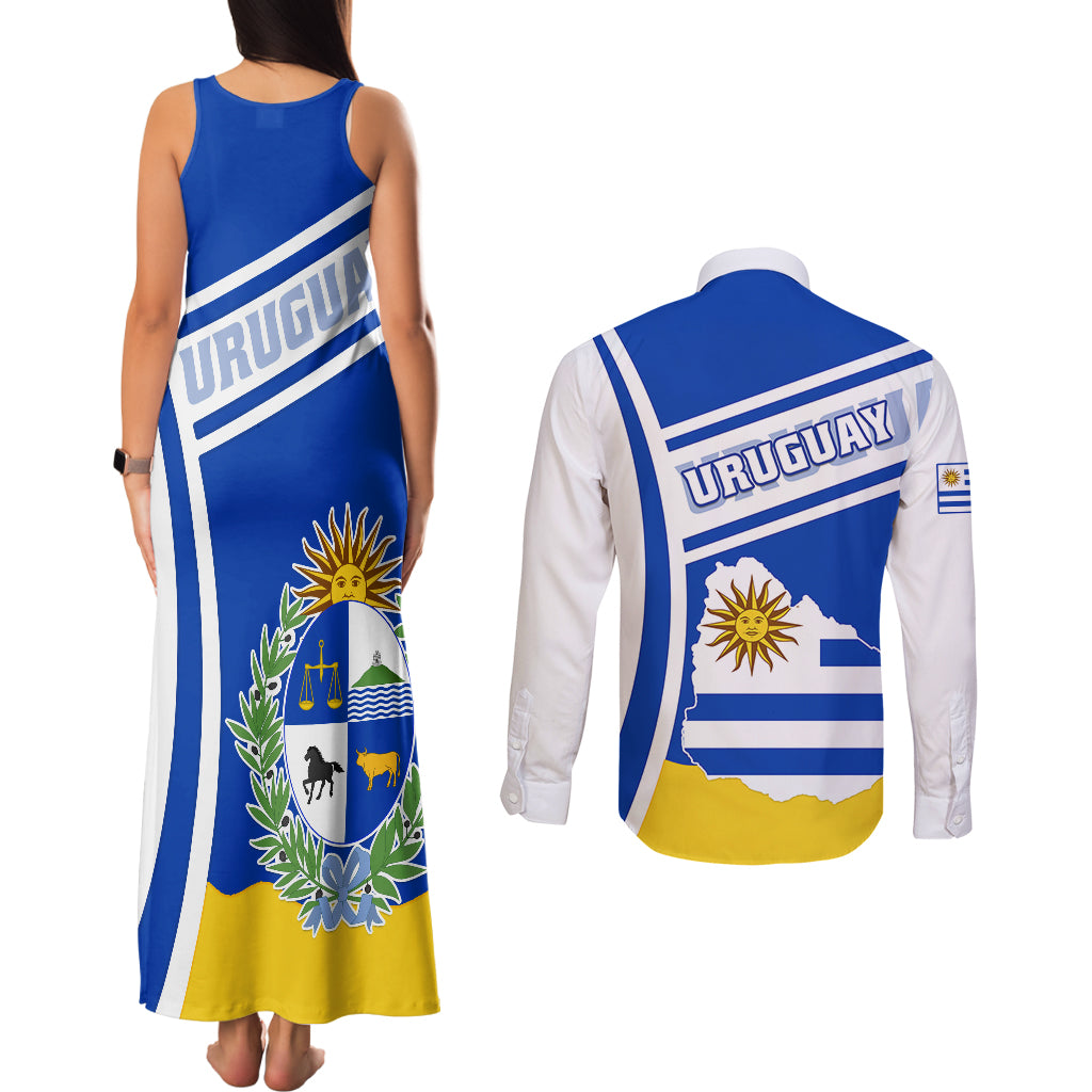 Uruguay Couples Matching Tank Maxi Dress and Long Sleeve Button Shirts Uruguayan Coat Of Arms - Wonder Print Shop