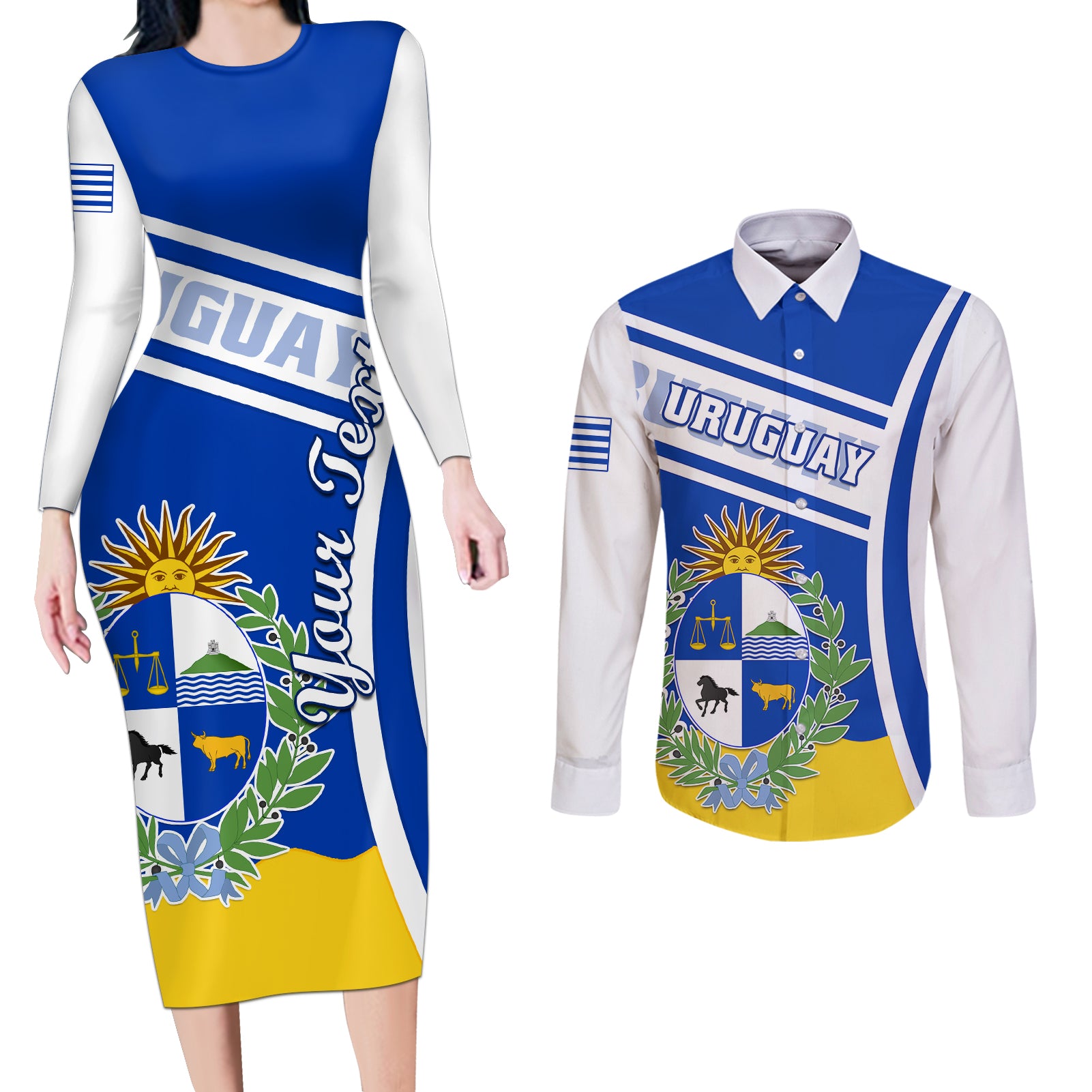 personalised-uruguay-couples-matching-long-sleeve-bodycon-dress-and-long-sleeve-button-shirts-uruguayan-coat-of-arms