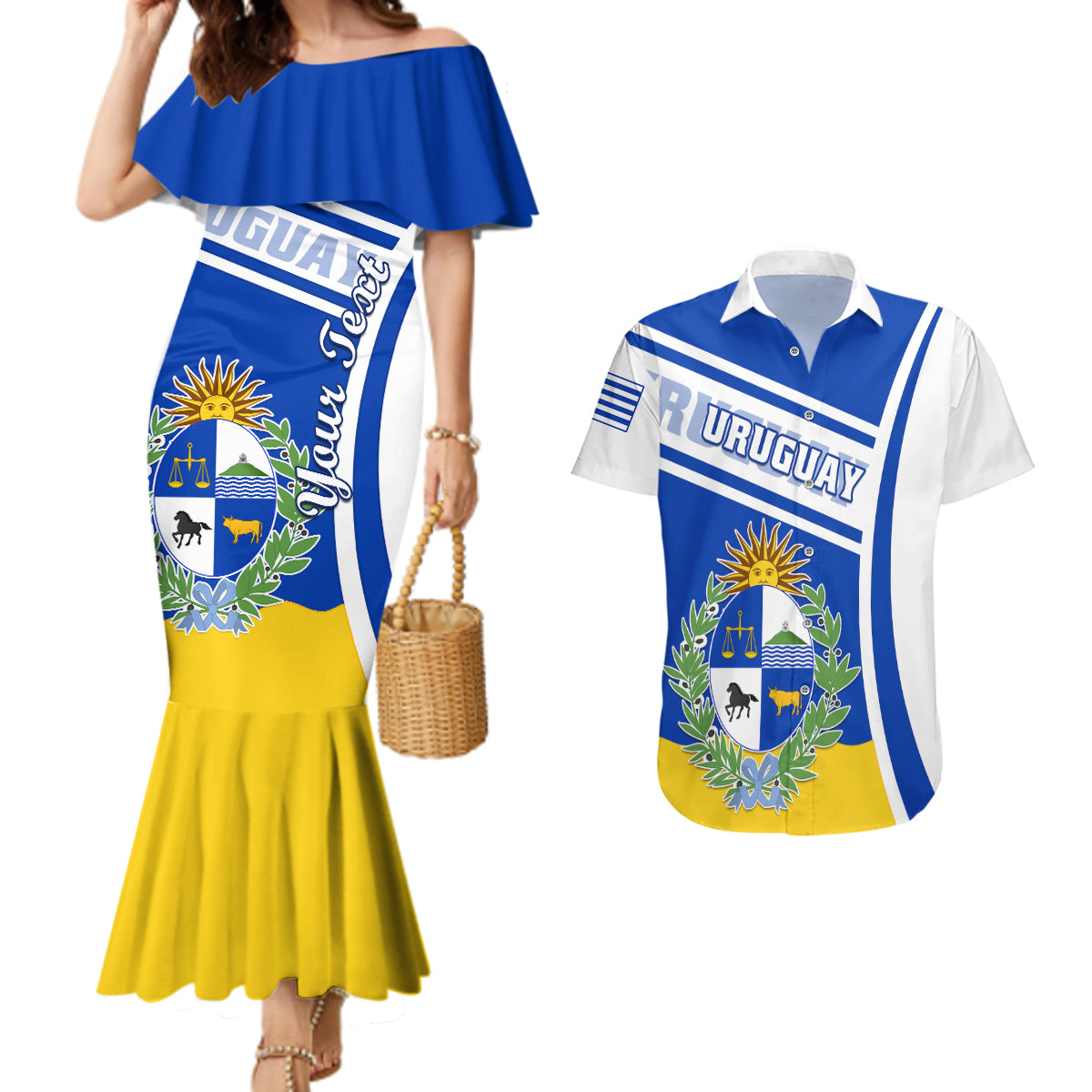 personalised-uruguay-couples-matching-mermaid-dress-and-hawaiian-shirt-uruguayan-coat-of-arms