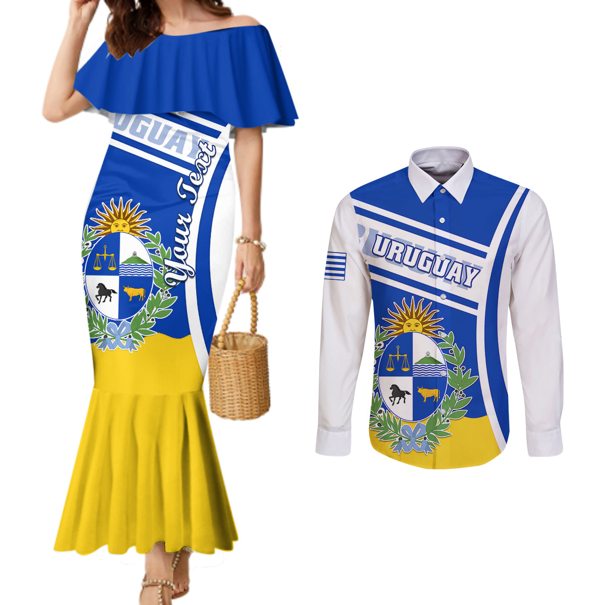 personalised-uruguay-couples-matching-mermaid-dress-and-long-sleeve-button-shirts-uruguayan-coat-of-arms