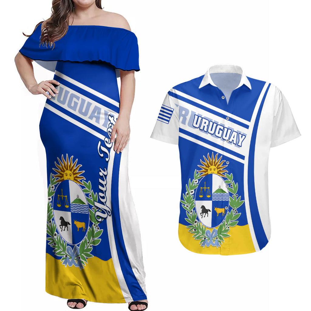 personalised-uruguay-couples-matching-off-shoulder-maxi-dress-and-hawaiian-shirt-uruguayan-coat-of-arms