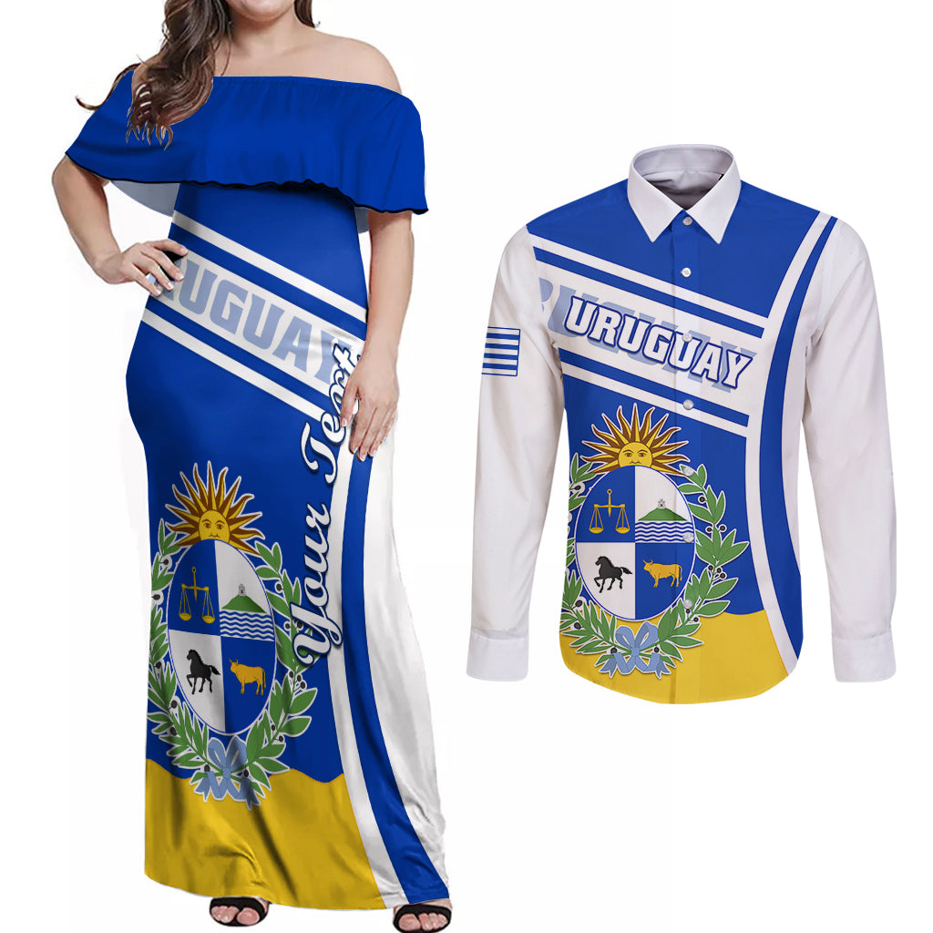 personalised-uruguay-couples-matching-off-shoulder-maxi-dress-and-long-sleeve-button-shirts-uruguayan-coat-of-arms