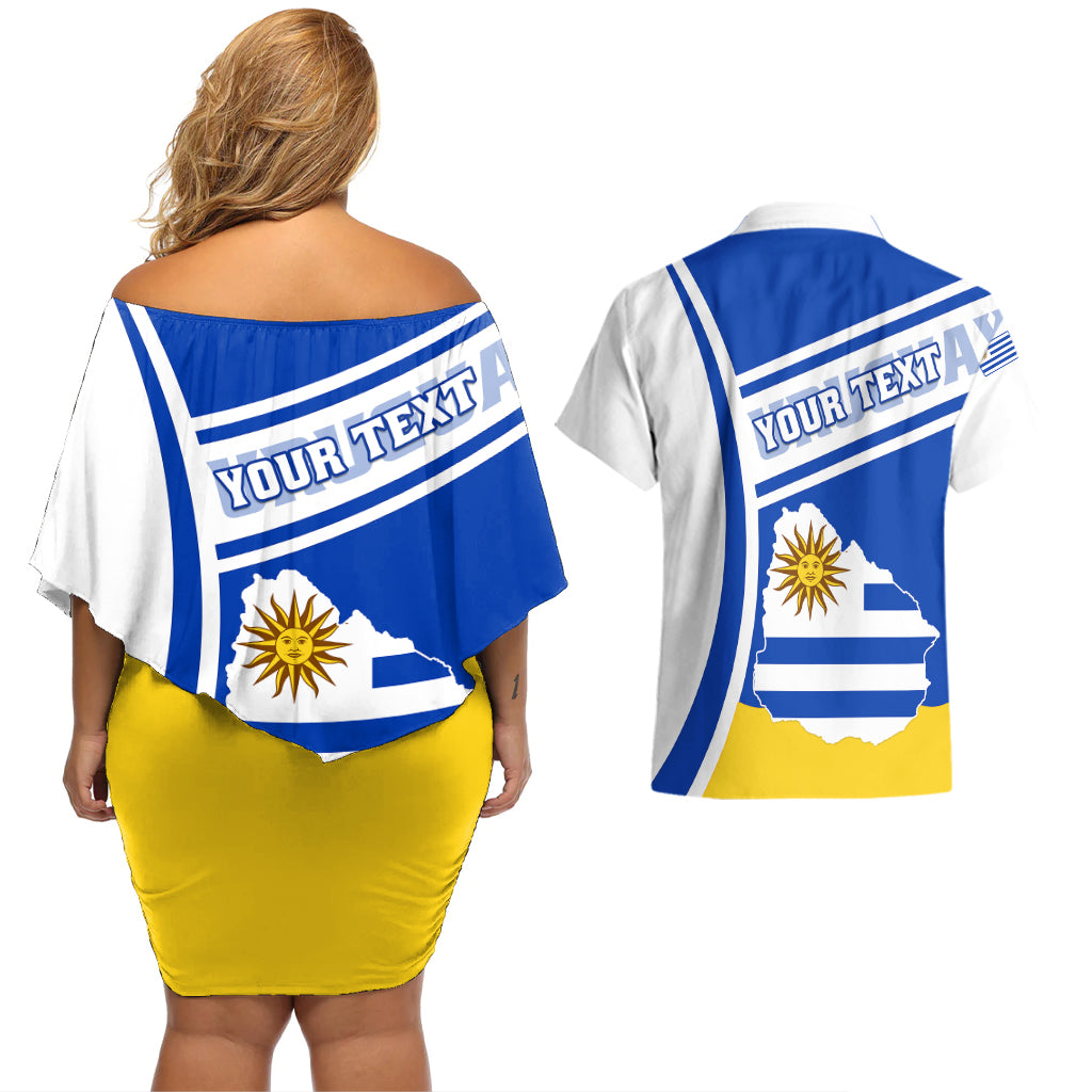 Personalised Uruguay Couples Matching Off Shoulder Short Dress and Hawaiian Shirt Uruguayan Coat Of Arms - Wonder Print Shop
