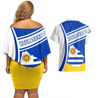 Personalised Uruguay Couples Matching Off Shoulder Short Dress and Hawaiian Shirt Uruguayan Coat Of Arms - Wonder Print Shop