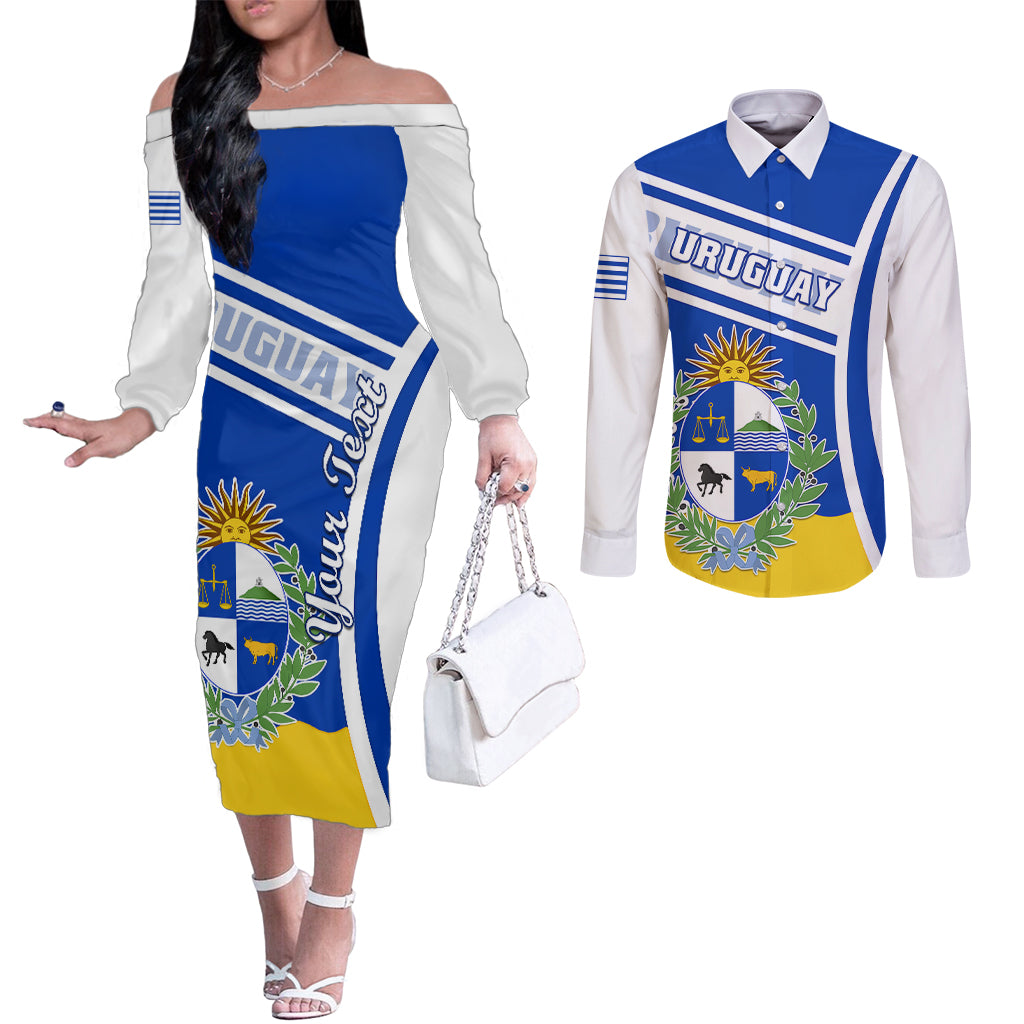 personalised-uruguay-couples-matching-off-the-shoulder-long-sleeve-dress-and-long-sleeve-button-shirts-uruguayan-coat-of-arms
