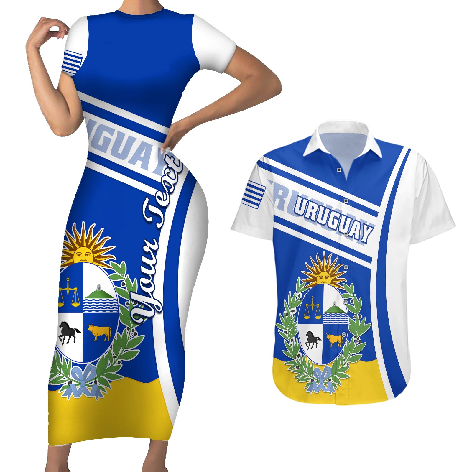 personalised-uruguay-couples-matching-short-sleeve-bodycon-dress-and-hawaiian-shirt-uruguayan-coat-of-arms