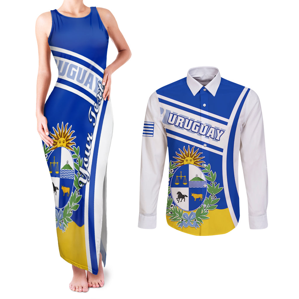 personalised-uruguay-couples-matching-tank-maxi-dress-and-long-sleeve-button-shirts-uruguayan-coat-of-arms