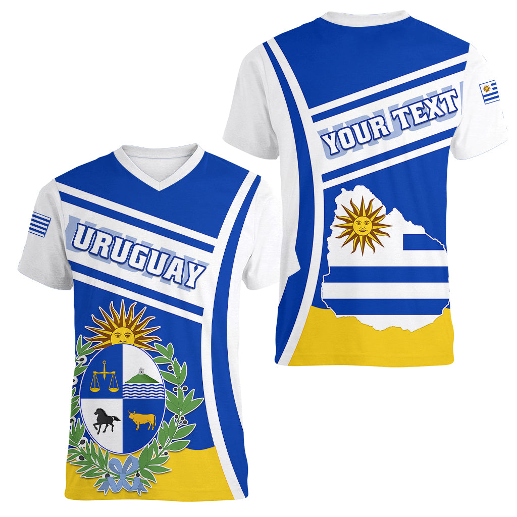 Personalised Uruguay Women V Neck T Shirt Uruguayan Coat Of Arms - Wonder Print Shop