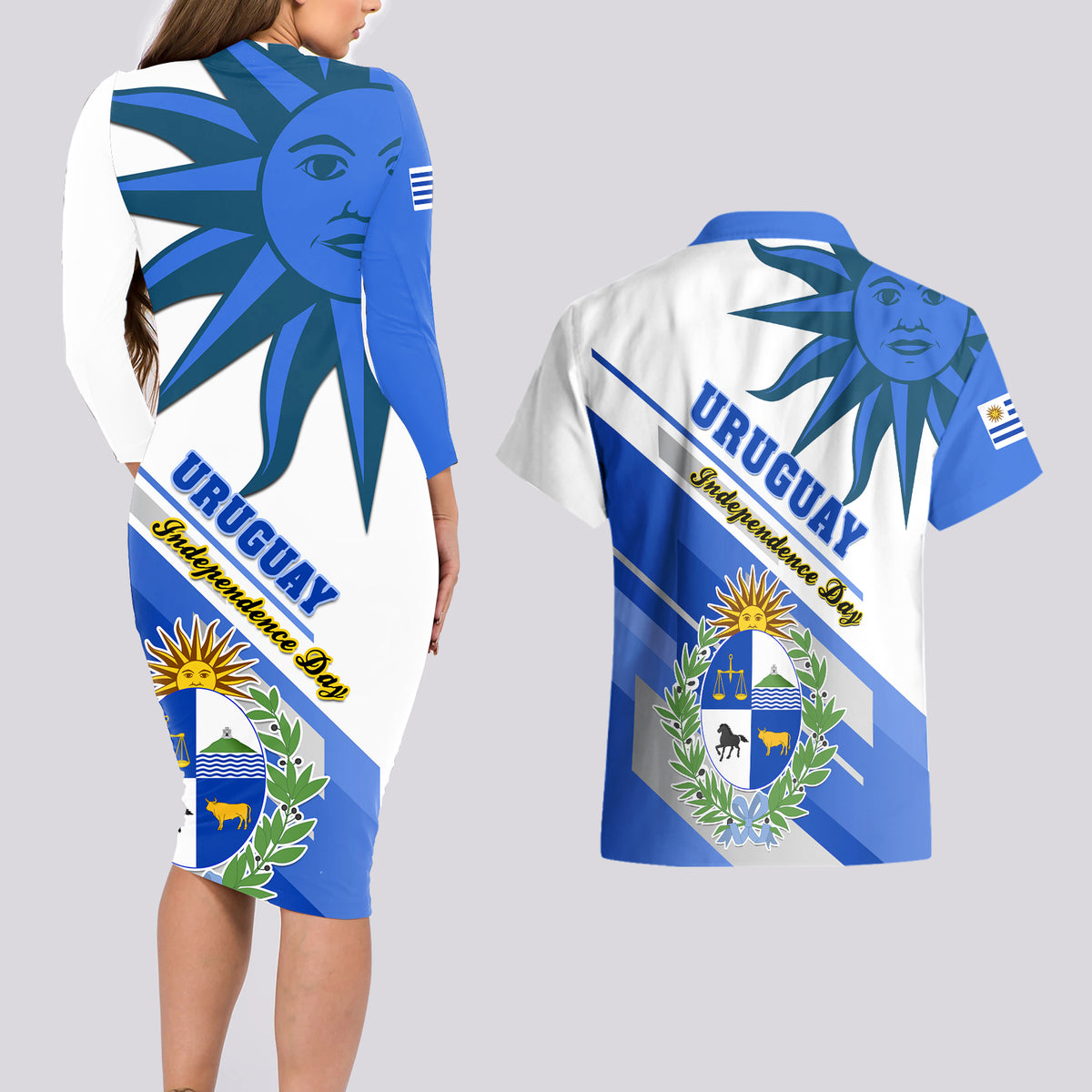 Uruguay Independence Day Couples Matching Long Sleeve Bodycon Dress and Hawaiian Shirt Uruguayan Sol de Mayo Special Version - Wonder Print Shop
