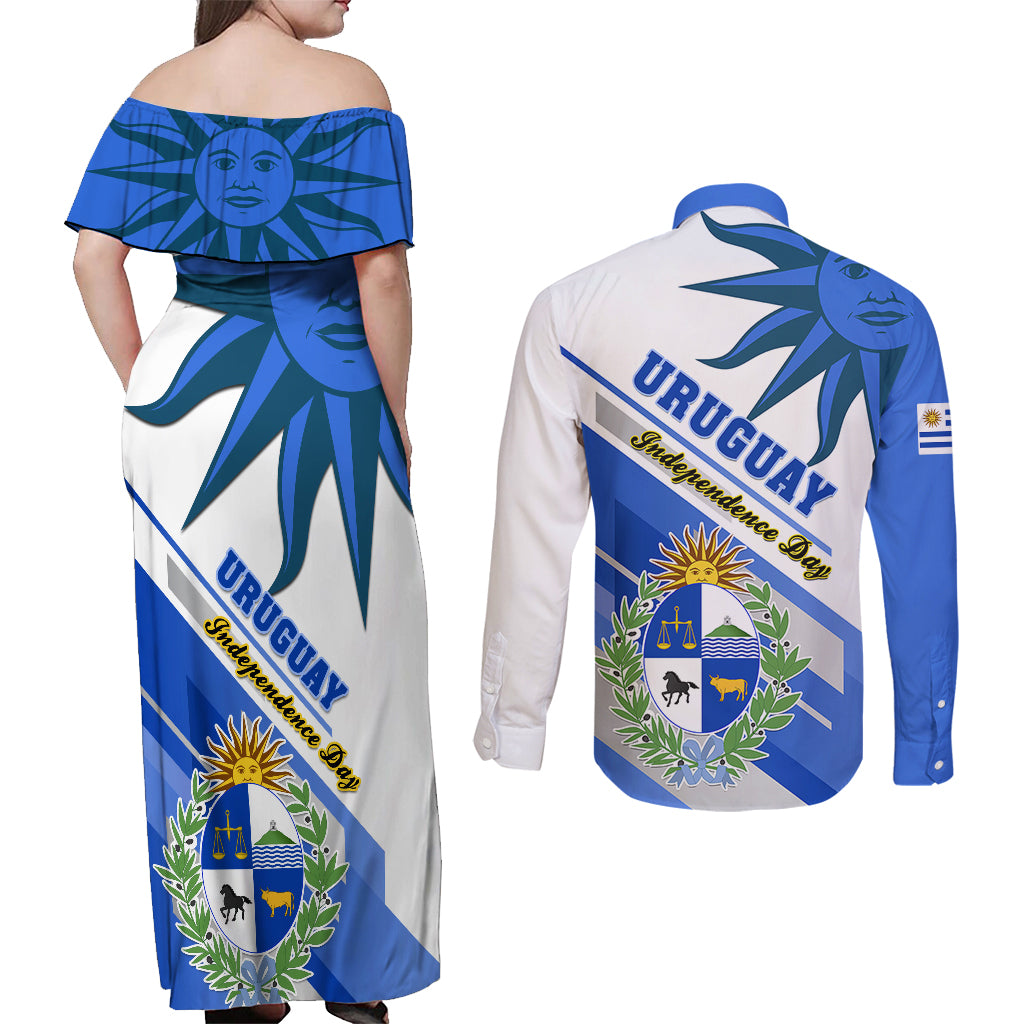 Uruguay Independence Day Couples Matching Off Shoulder Maxi Dress and Long Sleeve Button Shirts Uruguayan Sol de Mayo Special Version - Wonder Print Shop