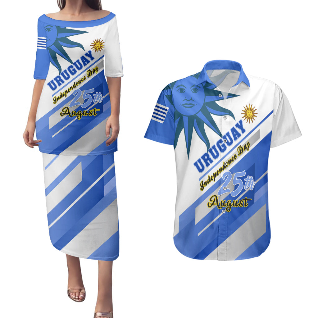 Uruguay Independence Day Couples Matching Puletasi Dress and Hawaiian Shirt Uruguayan Sol de Mayo Special Version - Wonder Print Shop