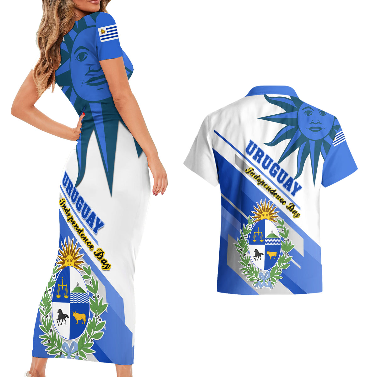 Uruguay Independence Day Couples Matching Short Sleeve Bodycon Dress and Hawaiian Shirt Uruguayan Sol de Mayo Special Version - Wonder Print Shop