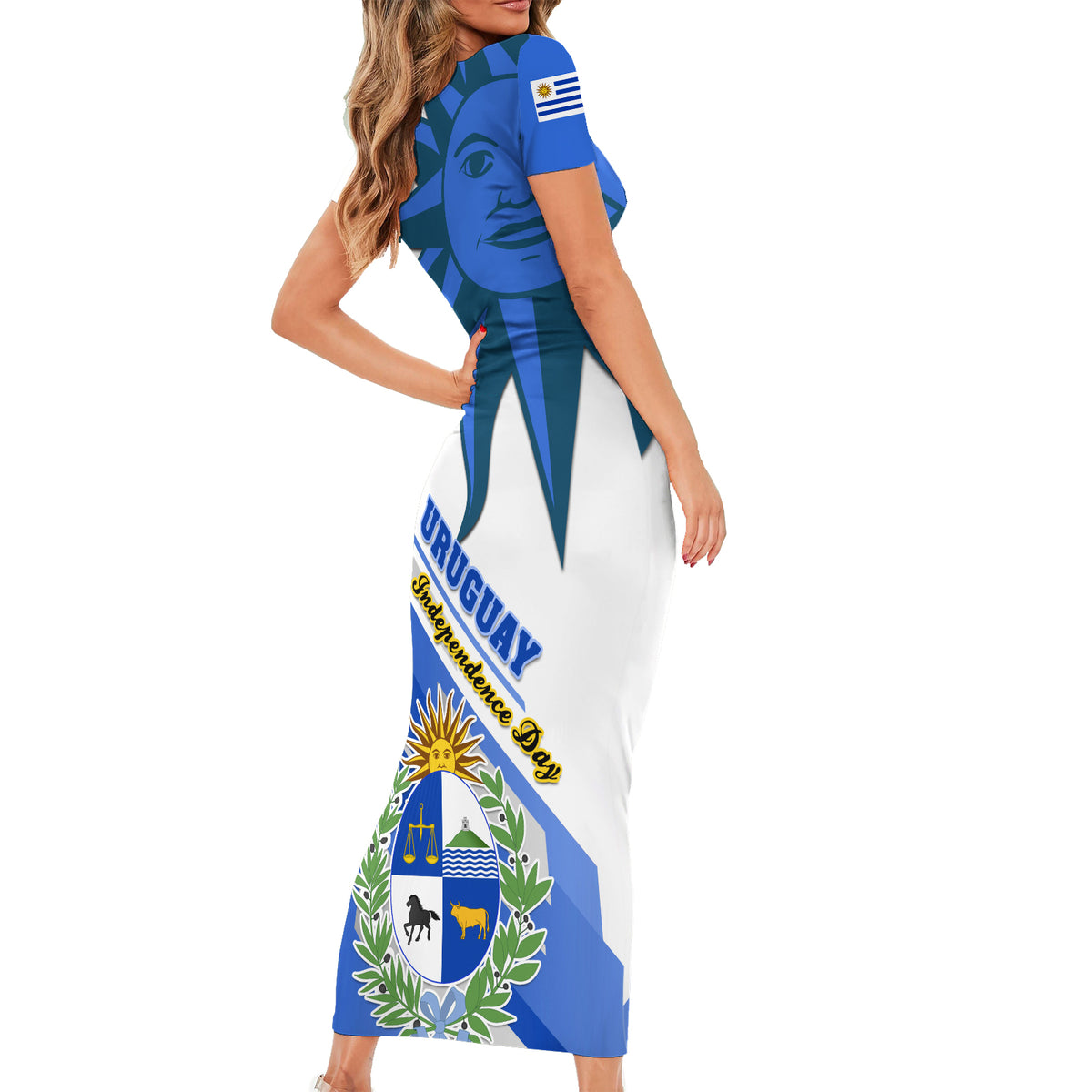 Uruguay Independence Day Short Sleeve Bodycon Dress Uruguayan Sol de Mayo Special Version - Wonder Print Shop
