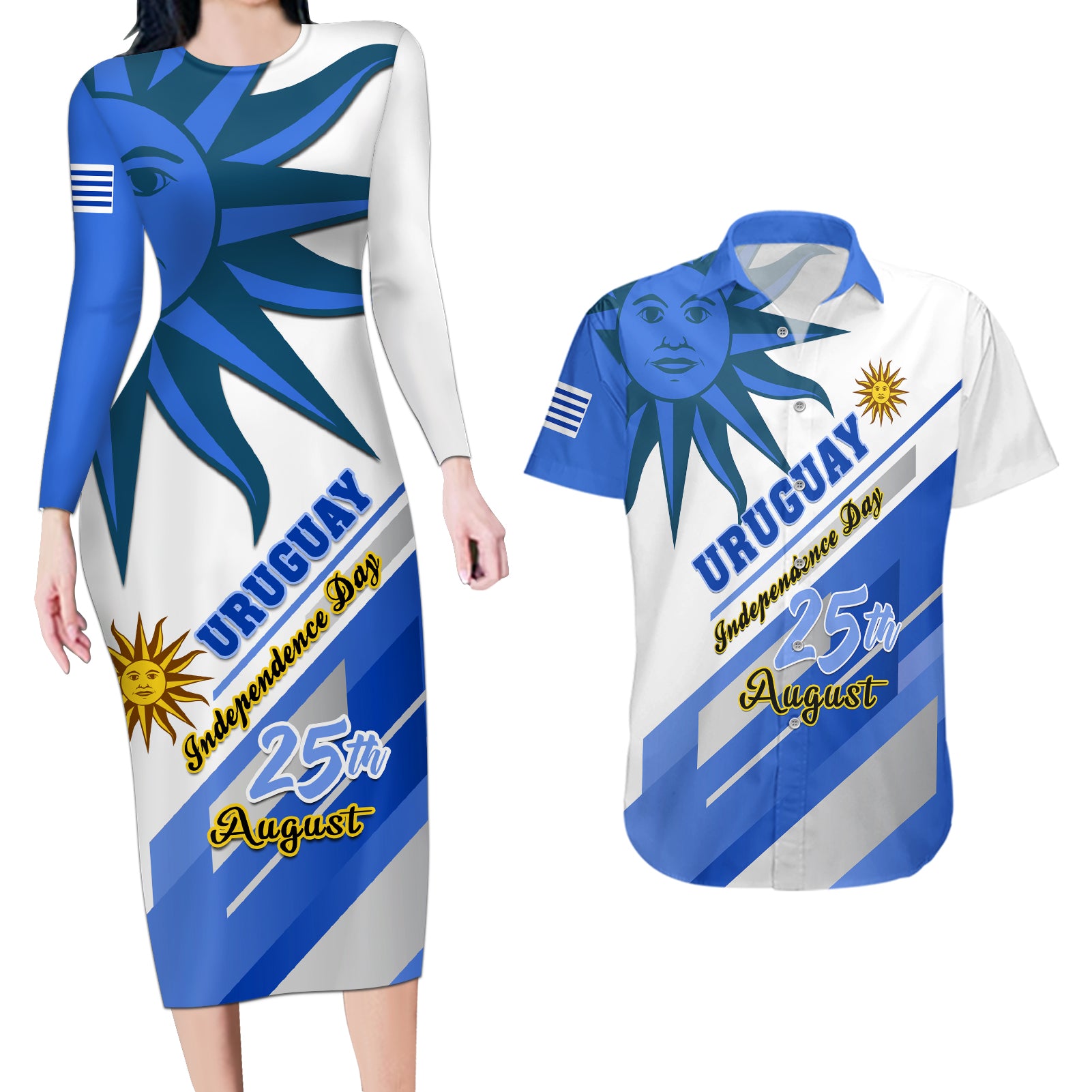 personalised-uruguay-independence-day-couples-matching-long-sleeve-bodycon-dress-and-hawaiian-shirt-uruguayan-sol-de-mayo-special-version