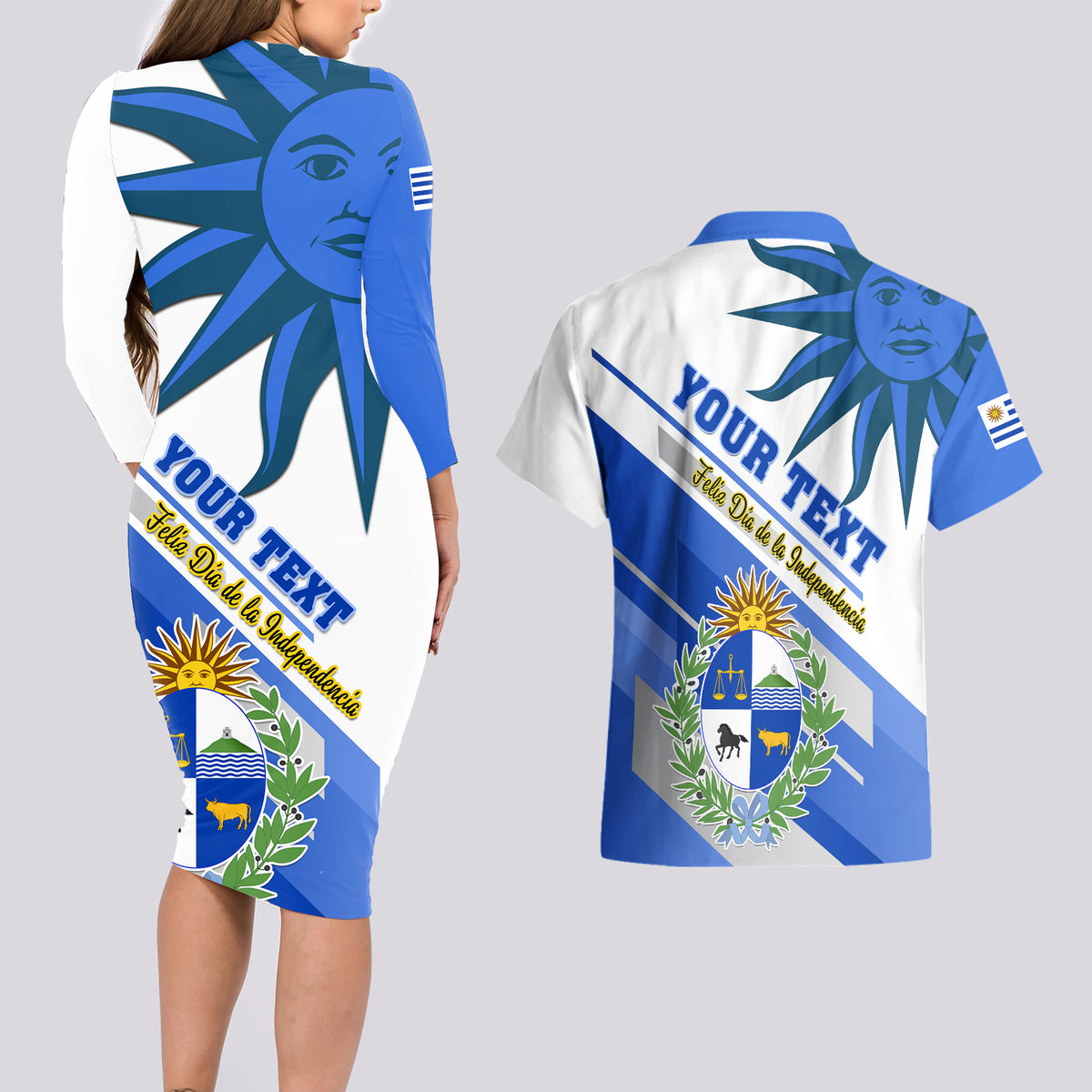 Personalised Uruguay Independence Day Couples Matching Long Sleeve Bodycon Dress and Hawaiian Shirt Uruguayan Sol de Mayo Special Version - Wonder Print Shop