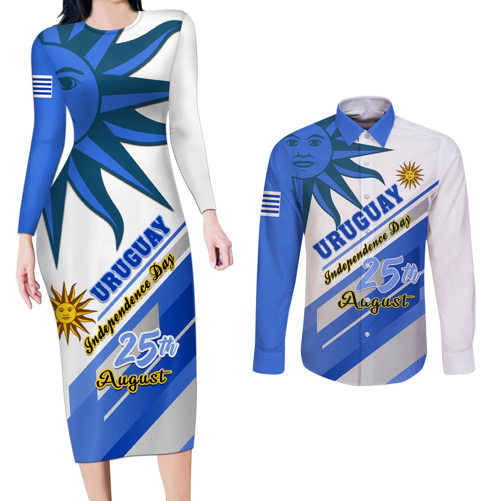 personalised-uruguay-independence-day-couples-matching-long-sleeve-bodycon-dress-and-long-sleeve-button-shirts-uruguayan-sol-de-mayo-special-version