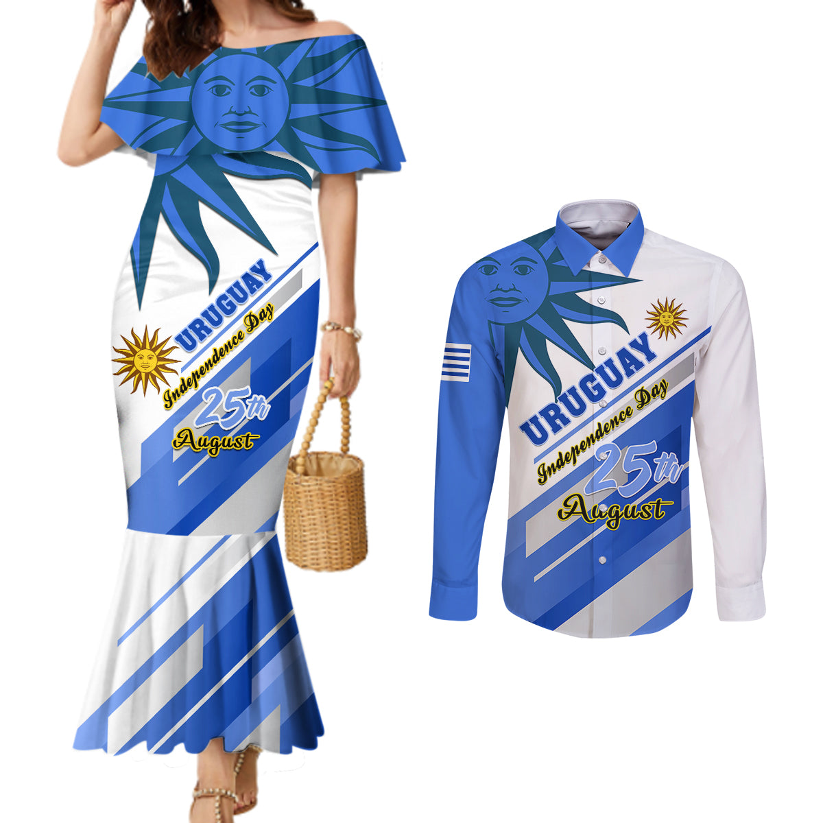 personalised-uruguay-independence-day-couples-matching-mermaid-dress-and-long-sleeve-button-shirts-uruguayan-sol-de-mayo-special-version