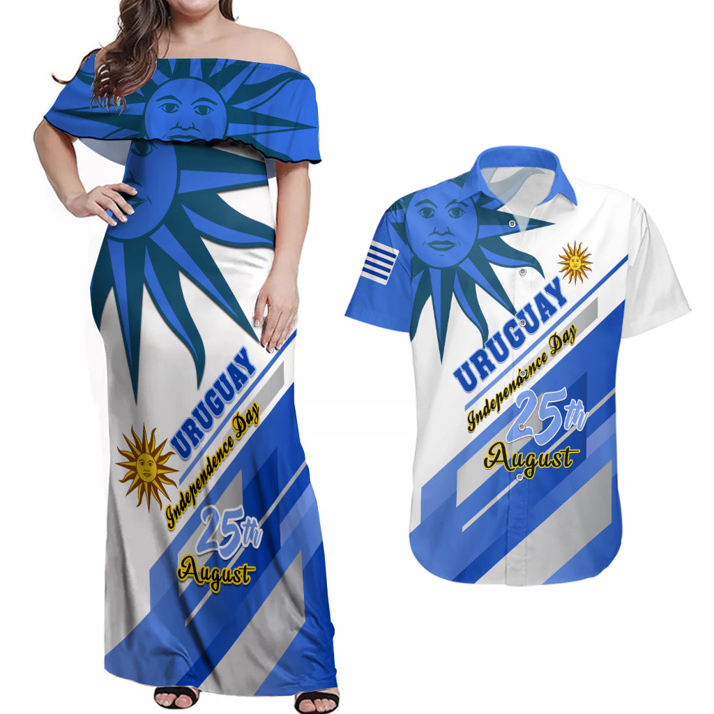 personalised-uruguay-independence-day-couples-matching-off-shoulder-maxi-dress-and-hawaiian-shirt-uruguayan-sol-de-mayo-special-version