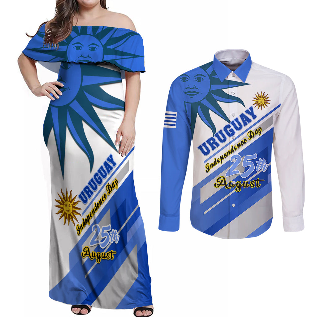 personalised-uruguay-independence-day-couples-matching-off-shoulder-maxi-dress-and-long-sleeve-button-shirts-uruguayan-sol-de-mayo-special-version