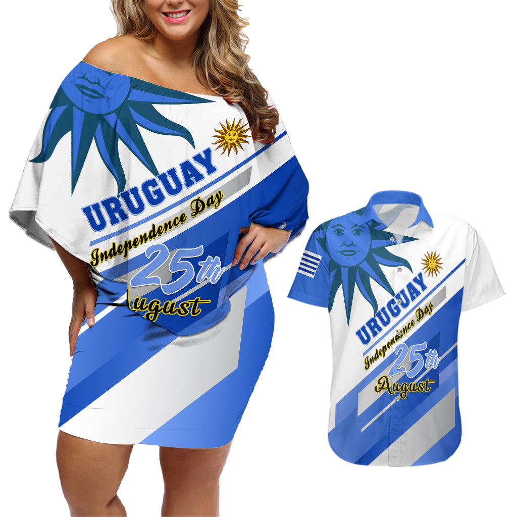 personalised-uruguay-independence-day-couples-matching-off-shoulder-short-dress-and-hawaiian-shirt-uruguayan-sol-de-mayo-special-version