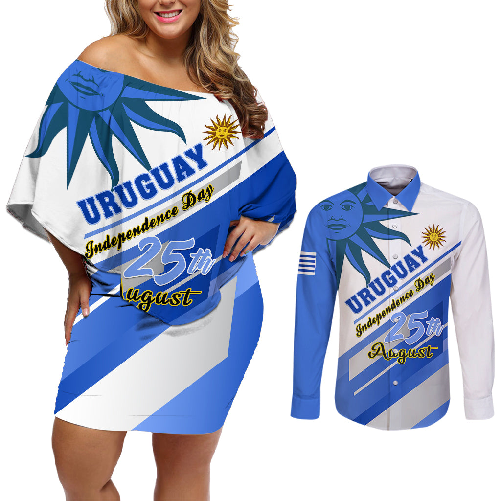 personalised-uruguay-independence-day-couples-matching-off-shoulder-short-dress-and-long-sleeve-button-shirts-uruguayan-sol-de-mayo-special-version