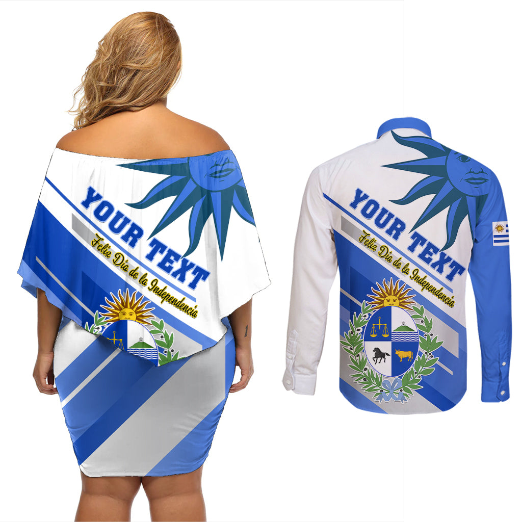 Personalised Uruguay Independence Day Couples Matching Off Shoulder Short Dress and Long Sleeve Button Shirts Uruguayan Sol de Mayo Special Version - Wonder Print Shop