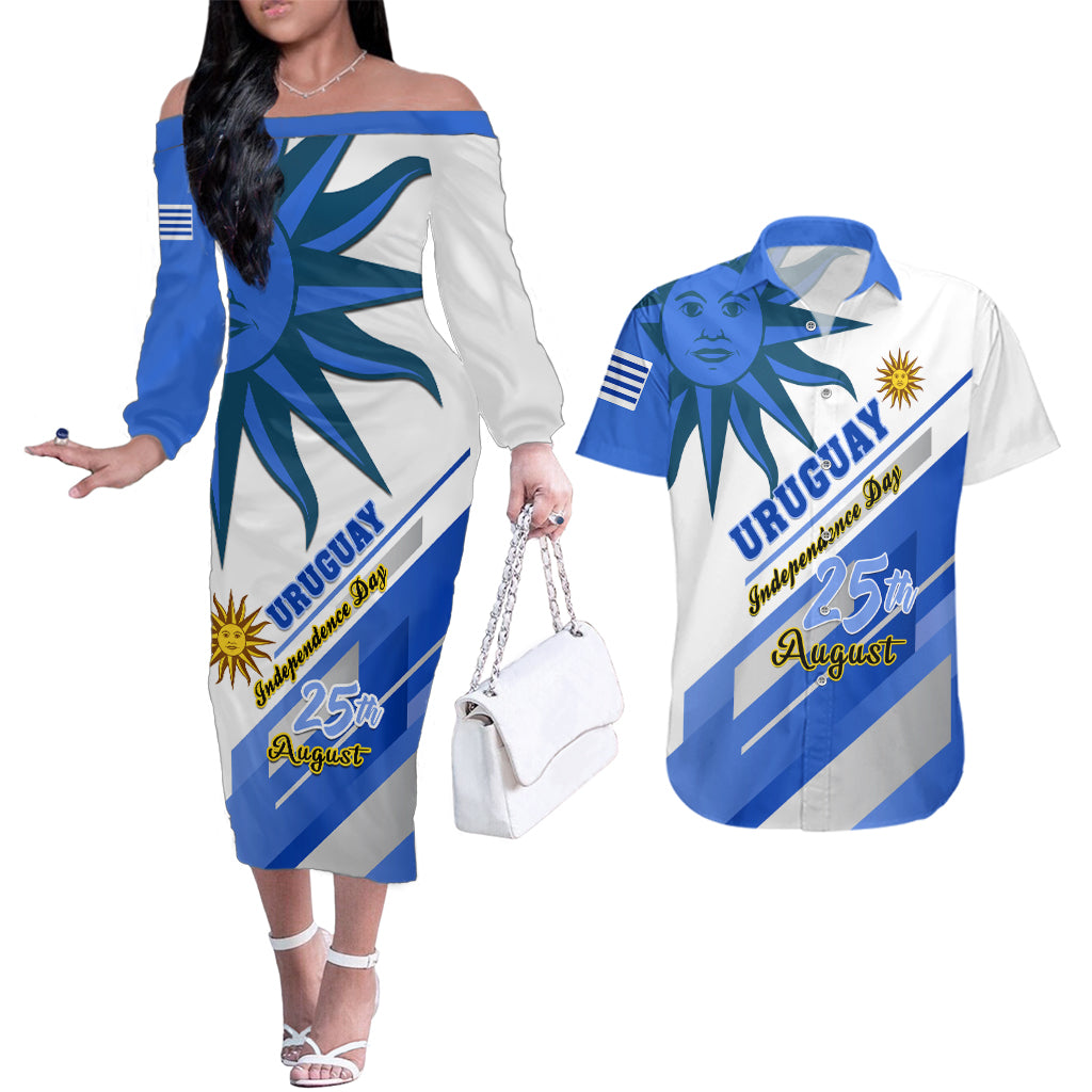 Personalised Uruguay Independence Day Couples Matching Off The Shoulder Long Sleeve Dress and Hawaiian Shirt Uruguayan Sol de Mayo Special Version - Wonder Print Shop