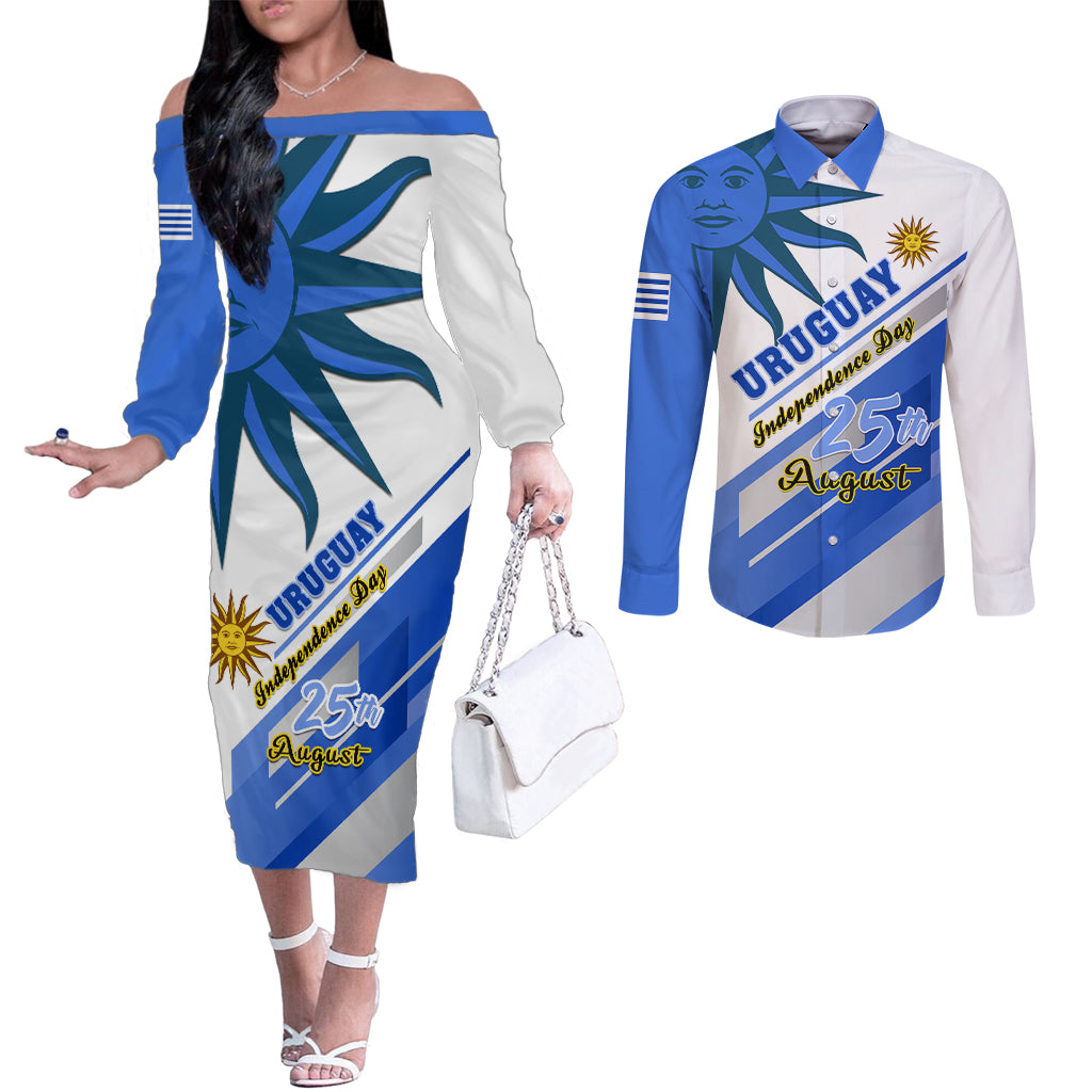 personalised-uruguay-independence-day-couples-matching-off-the-shoulder-long-sleeve-dress-and-long-sleeve-button-shirts-uruguayan-sol-de-mayo-special-version