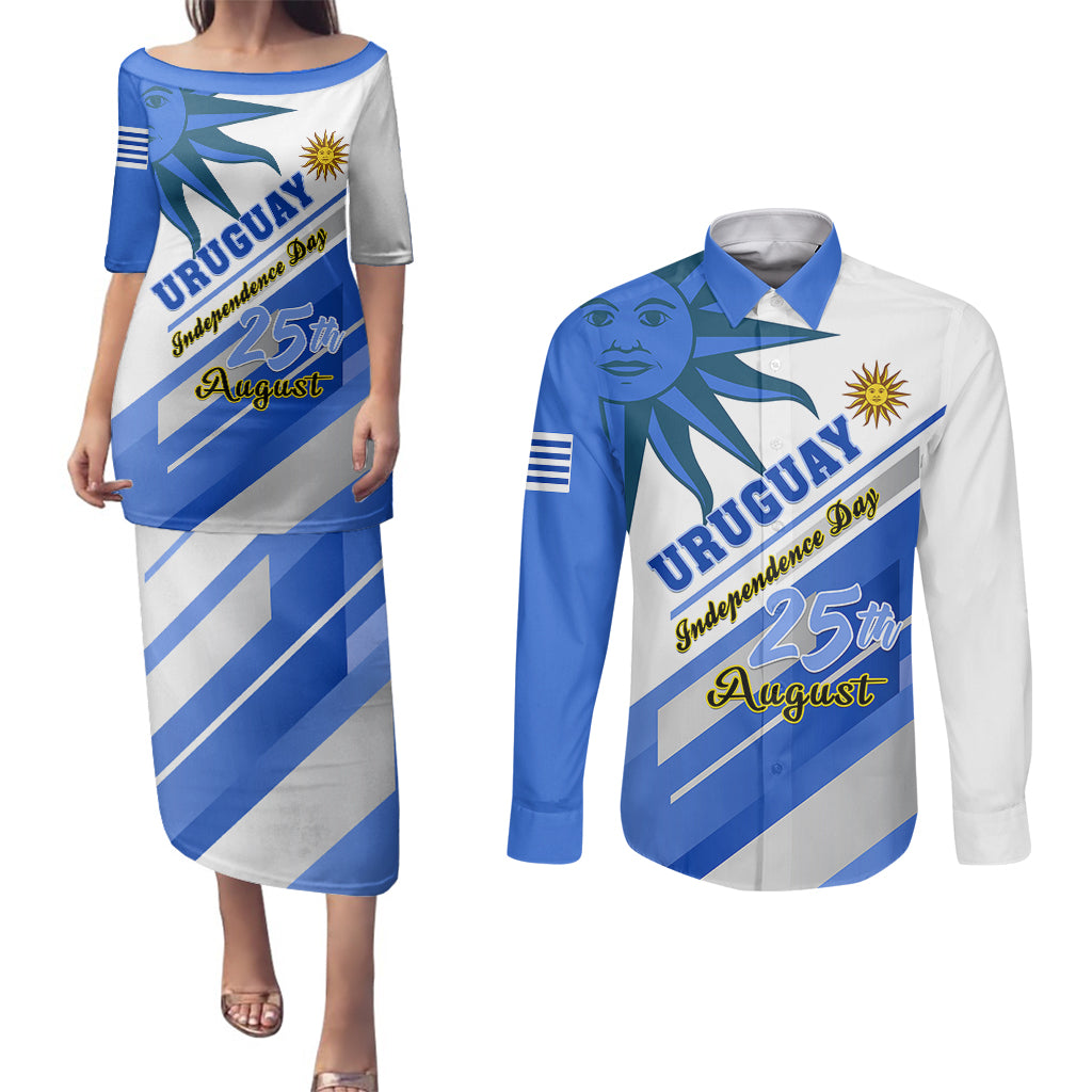 personalised-uruguay-independence-day-couples-matching-puletasi-dress-and-long-sleeve-button-shirts-uruguayan-sol-de-mayo-special-version