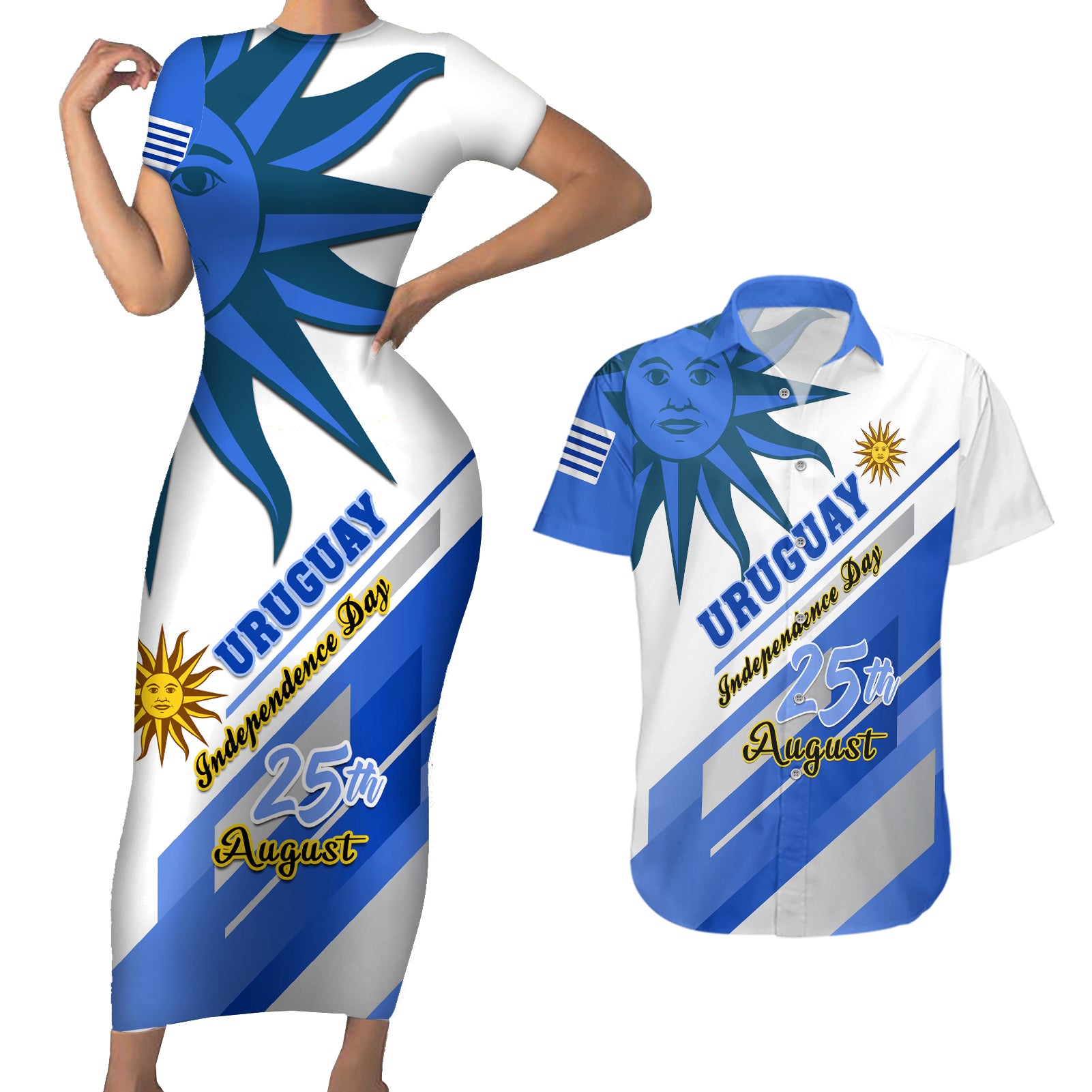 personalised-uruguay-independence-day-couples-matching-short-sleeve-bodycon-dress-and-hawaiian-shirt-uruguayan-sol-de-mayo-special-version