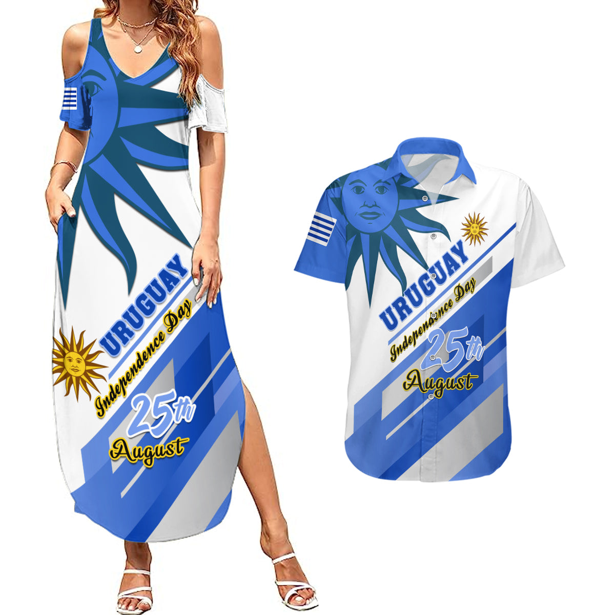 Personalised Uruguay Independence Day Couples Matching Summer Maxi Dress and Hawaiian Shirt Uruguayan Sol de Mayo Special Version - Wonder Print Shop