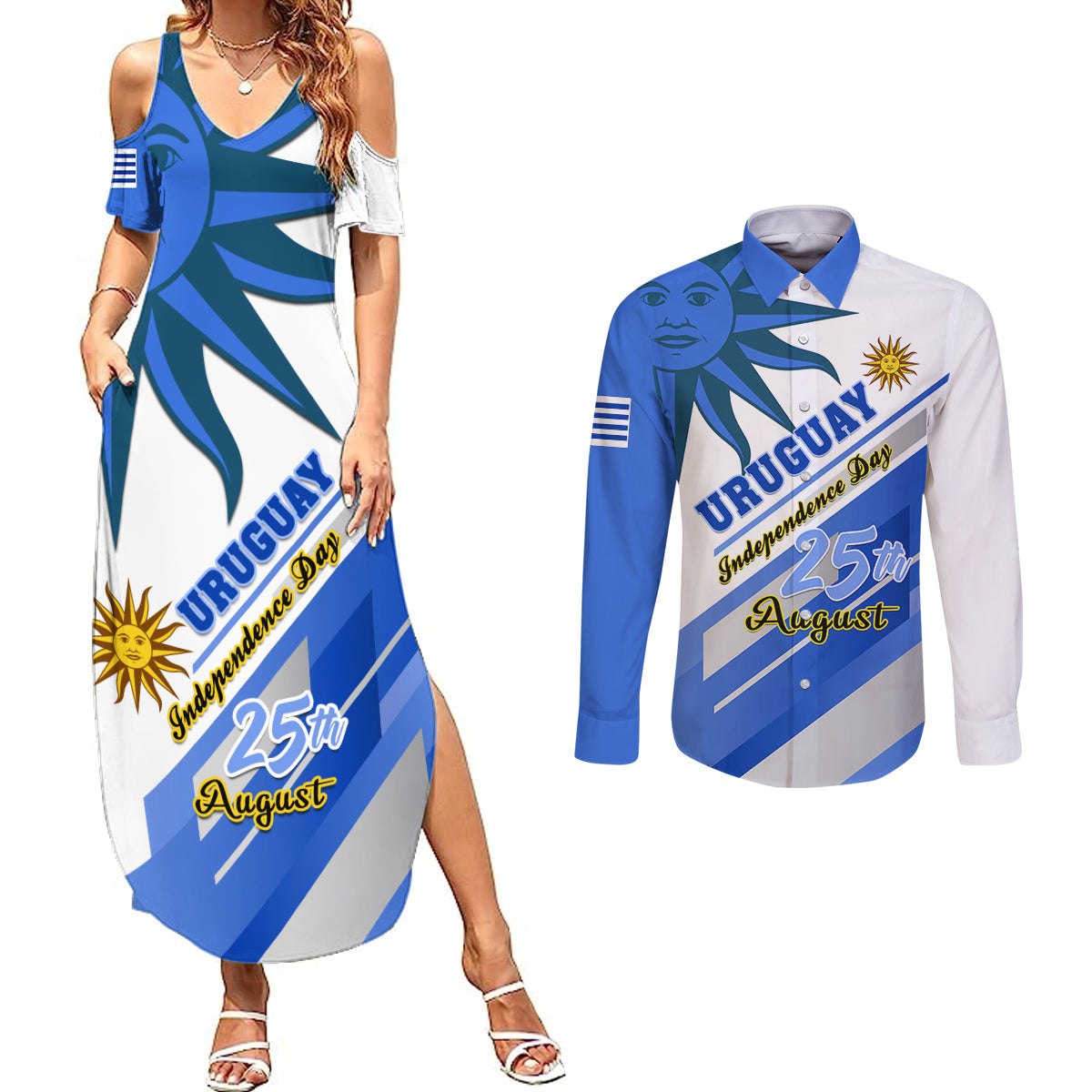 personalised-uruguay-independence-day-couples-matching-summer-maxi-dress-and-long-sleeve-button-shirts-uruguayan-sol-de-mayo-special-version