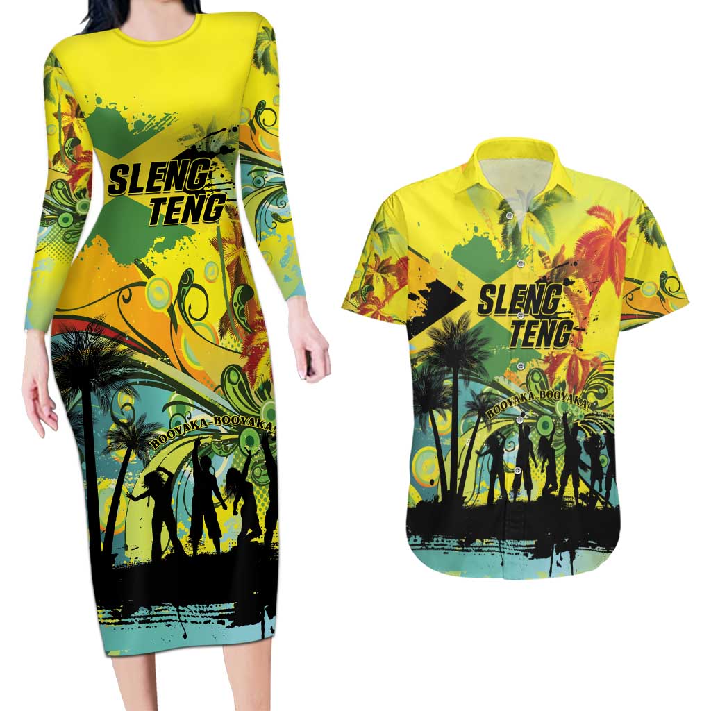 Personalized Jamaica Sleng Teng Riddim Couples Matching Long Sleeve Bodycon Dress and Hawaiian Shirt Booyaka Booyaka - Wonder Print Shop