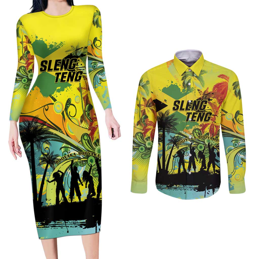 Personalized Jamaica Sleng Teng Riddim Couples Matching Long Sleeve Bodycon Dress and Long Sleeve Button Shirt Booyaka Booyaka - Wonder Print Shop