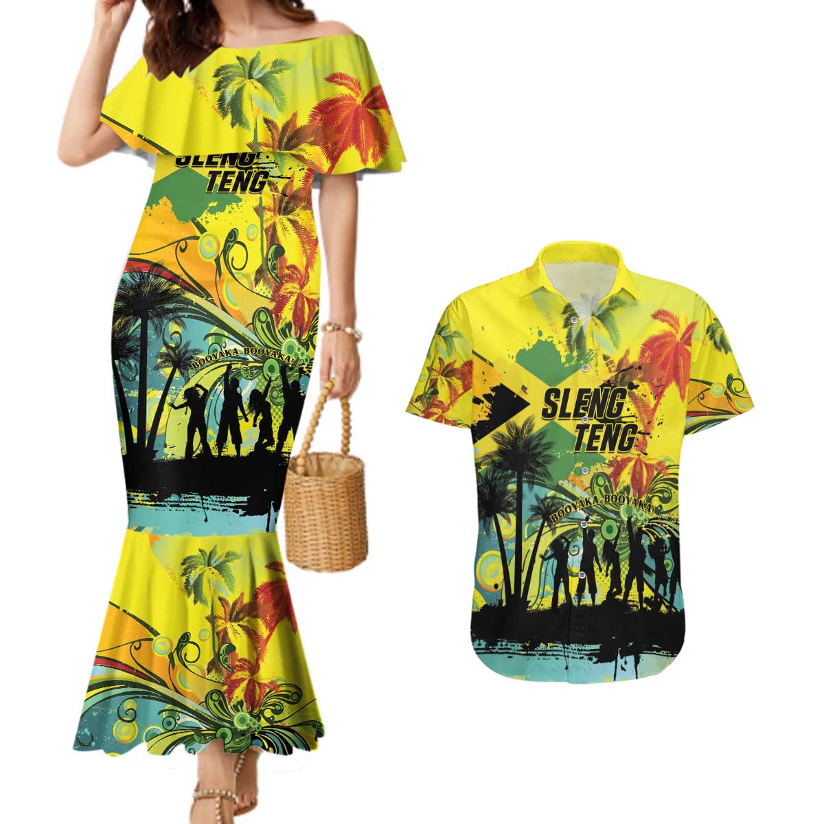 Personalized Jamaica Sleng Teng Riddim Couples Matching Mermaid Dress and Hawaiian Shirt Booyaka Booyaka - Wonder Print Shop