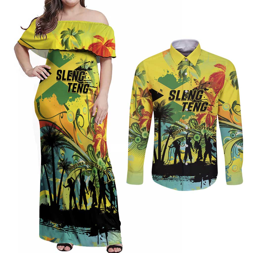 Personalized Jamaica Sleng Teng Riddim Couples Matching Off Shoulder Maxi Dress and Long Sleeve Button Shirt Booyaka Booyaka - Wonder Print Shop
