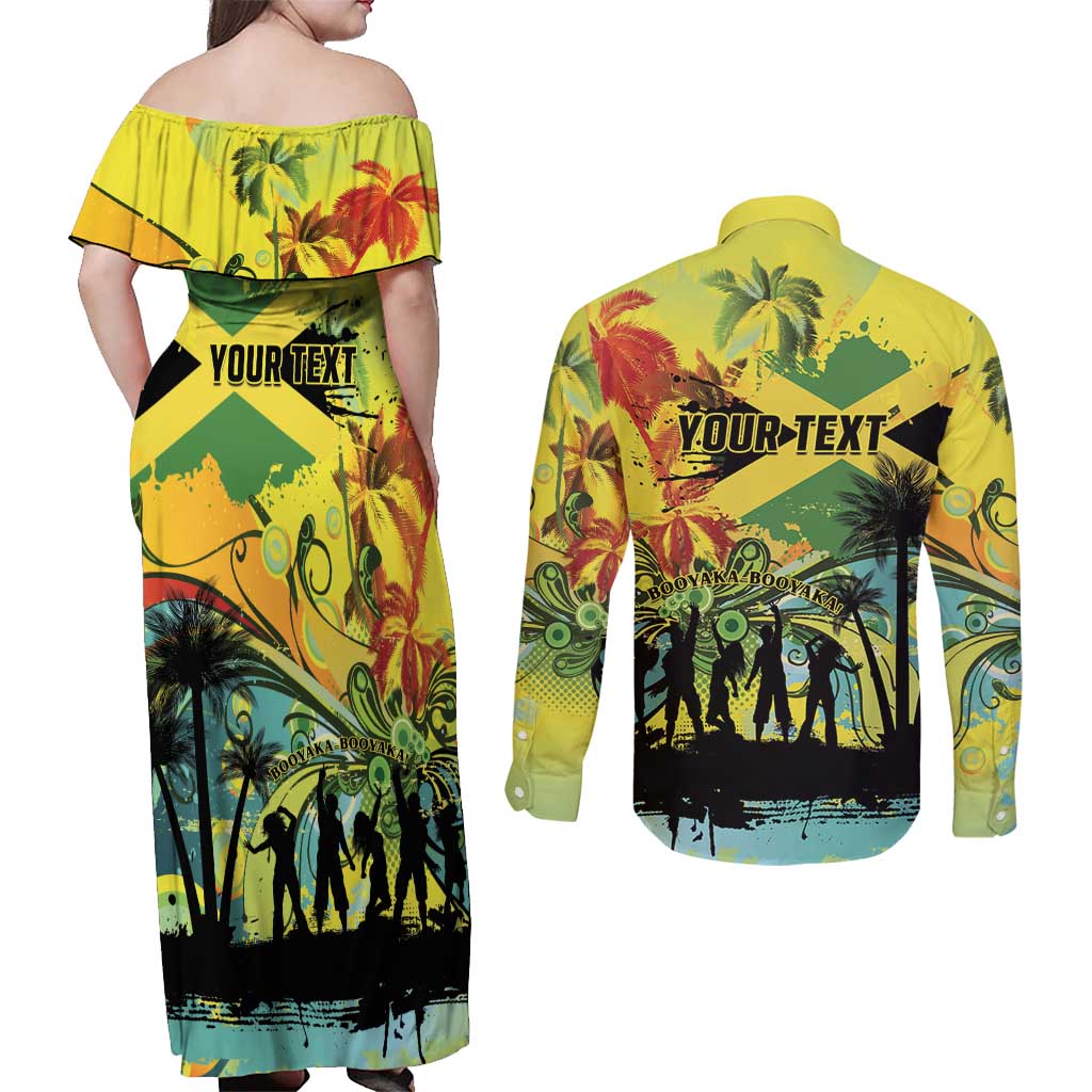 Personalized Jamaica Sleng Teng Riddim Couples Matching Off Shoulder Maxi Dress and Long Sleeve Button Shirt Booyaka Booyaka - Wonder Print Shop