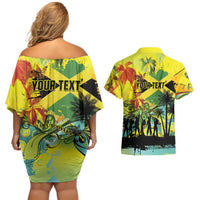 Personalized Jamaica Sleng Teng Riddim Couples Matching Off Shoulder Short Dress and Hawaiian Shirt Booyaka Booyaka - Wonder Print Shop